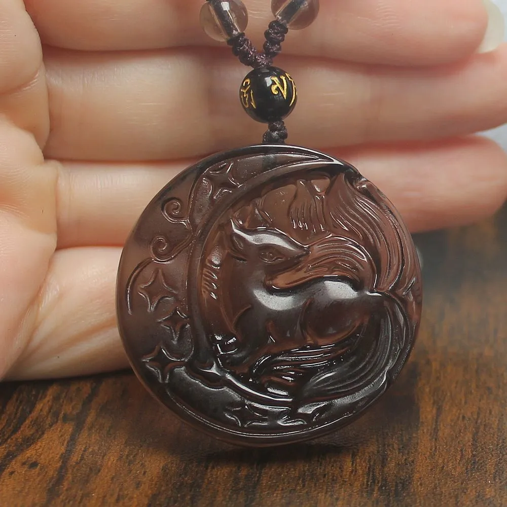Crystal Gemstone Natural Ice Obsidian Nine Tail Fox Necklace Pendant with Chain - Image 2
