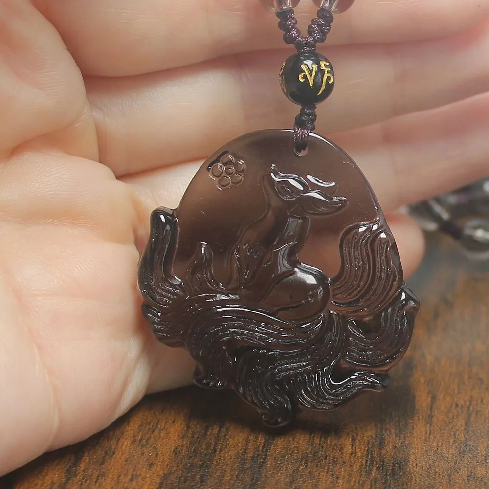 Crystal Gemstone Natural Ice Obsidian Nine Tail Fox Necklace Pendant with Chain - Image 2