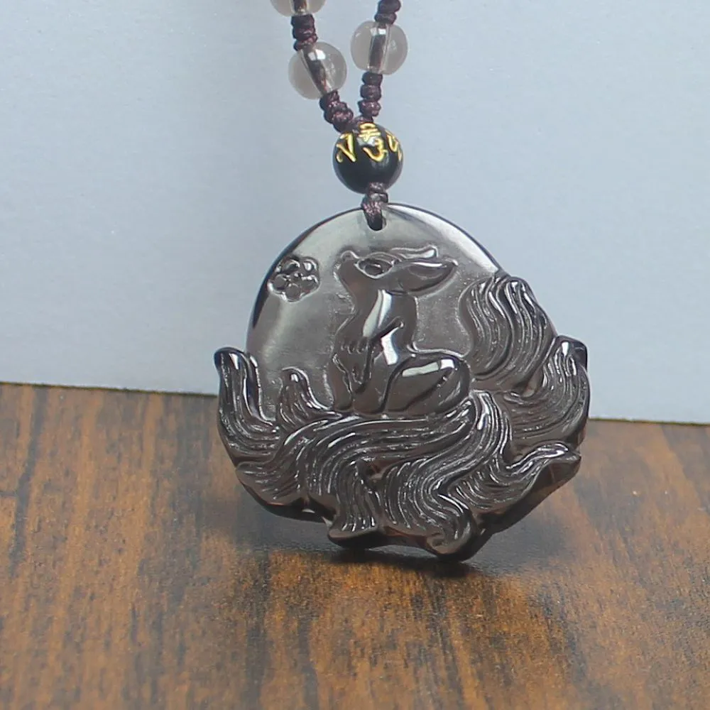Crystal Gemstone Natural Ice Obsidian Nine Tail Fox Necklace Pendant with Chain - Image 3