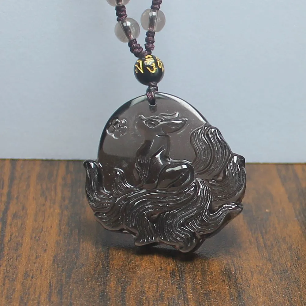 Crystal Gemstone Natural Ice Obsidian Nine Tail Fox Necklace Pendant with Chain - Image 4