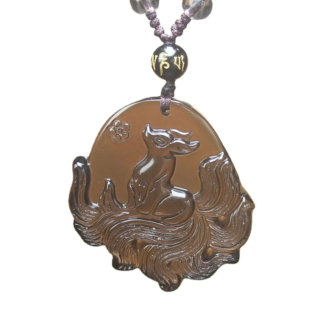 Crystal Gemstone Natural Ice Obsidian Nine Tail Fox Necklace Pendant with Chain - Image 6