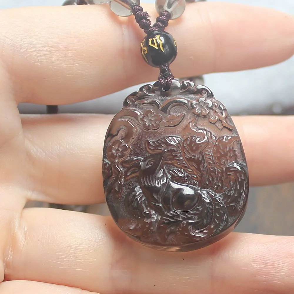 Crystal Gemstone Natural Ice Obsidian Nine Tail Fox Necklace Pendant with Chain - Image 2