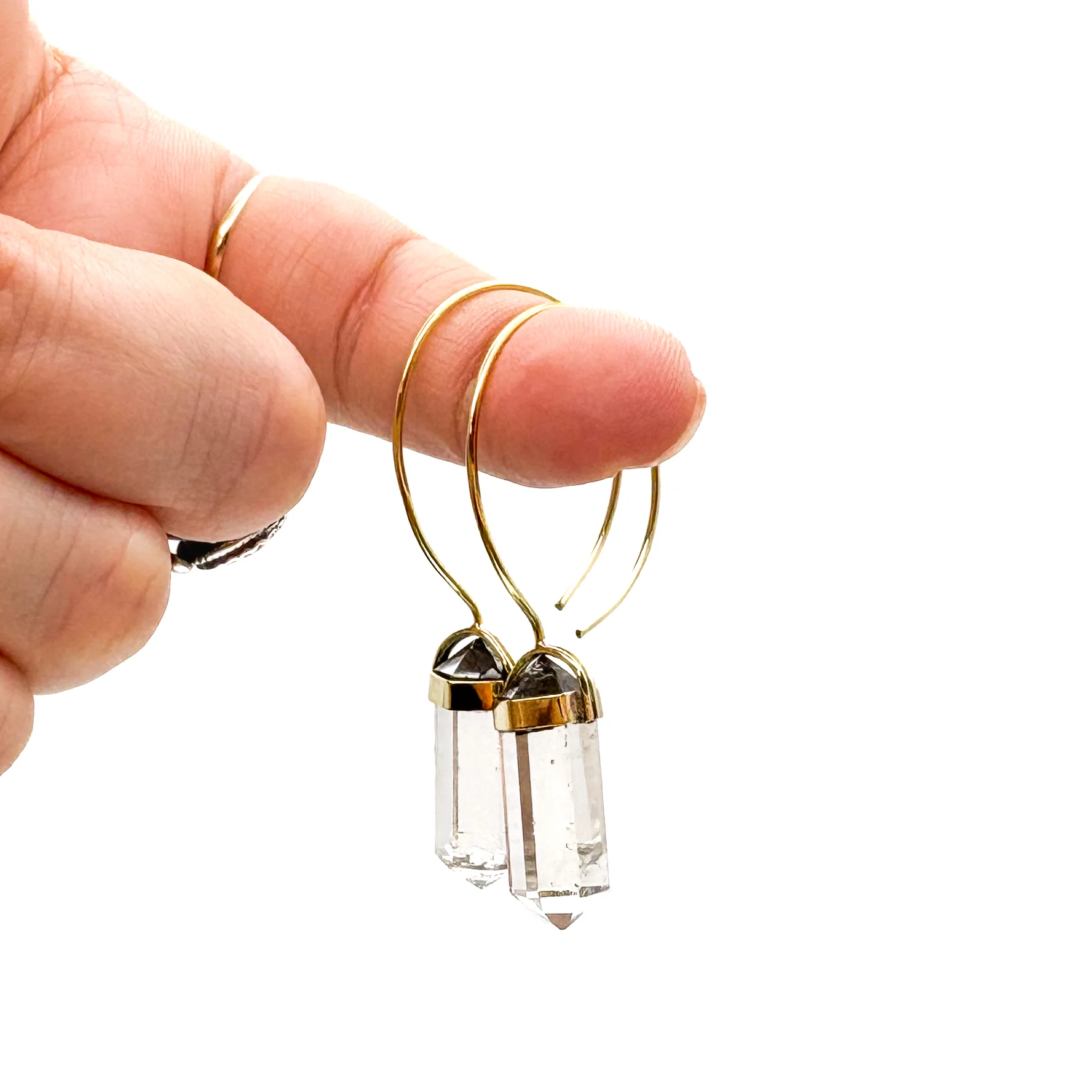 Crystal Quartz Point Brass Hoop Earrings - Image 10