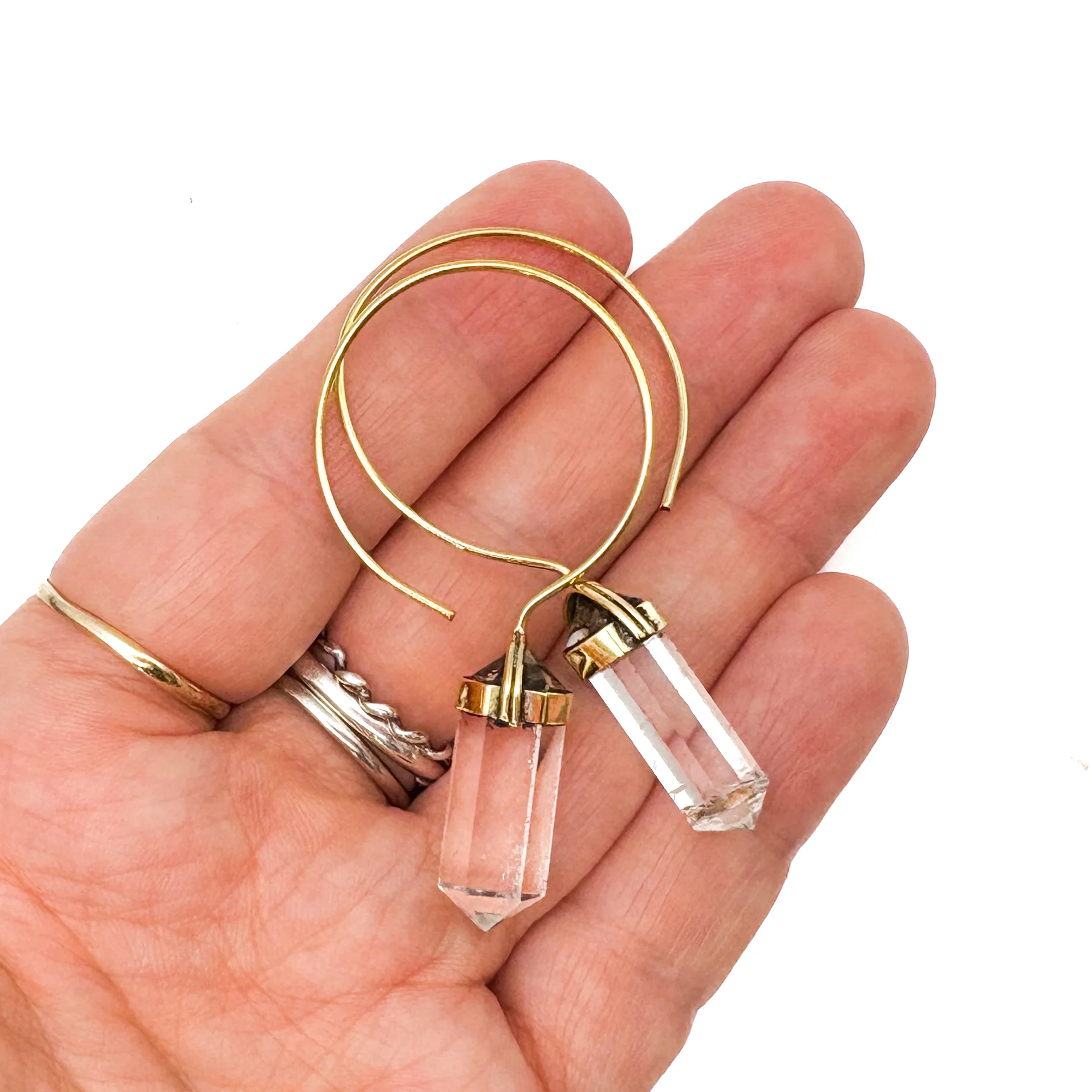 Crystal Quartz Point Brass Hoop Earrings - Image 9
