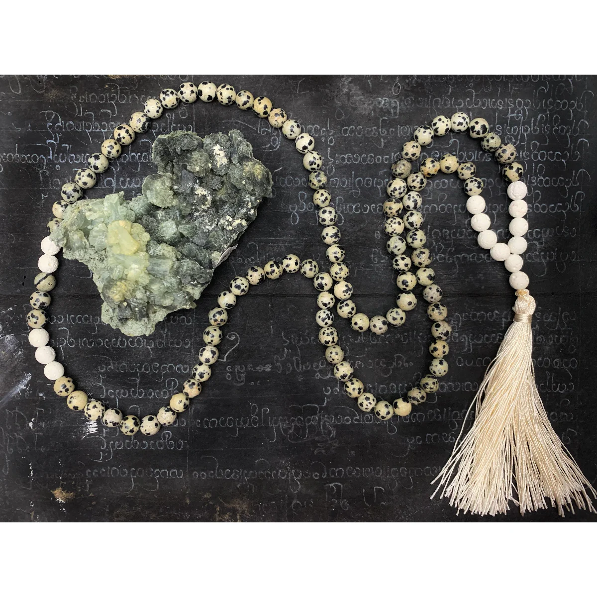 Dalmatian Jasper with White Lavastone Stretch Mala with Silk Tassel #110 - Image 2