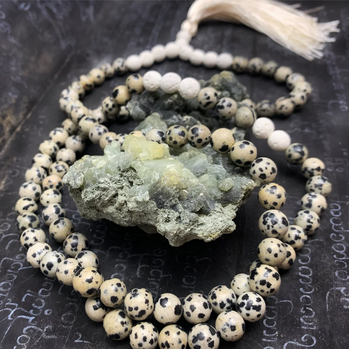 Dalmatian Jasper with White Lavastone Stretch Mala with Silk Tassel #110 - Image 3