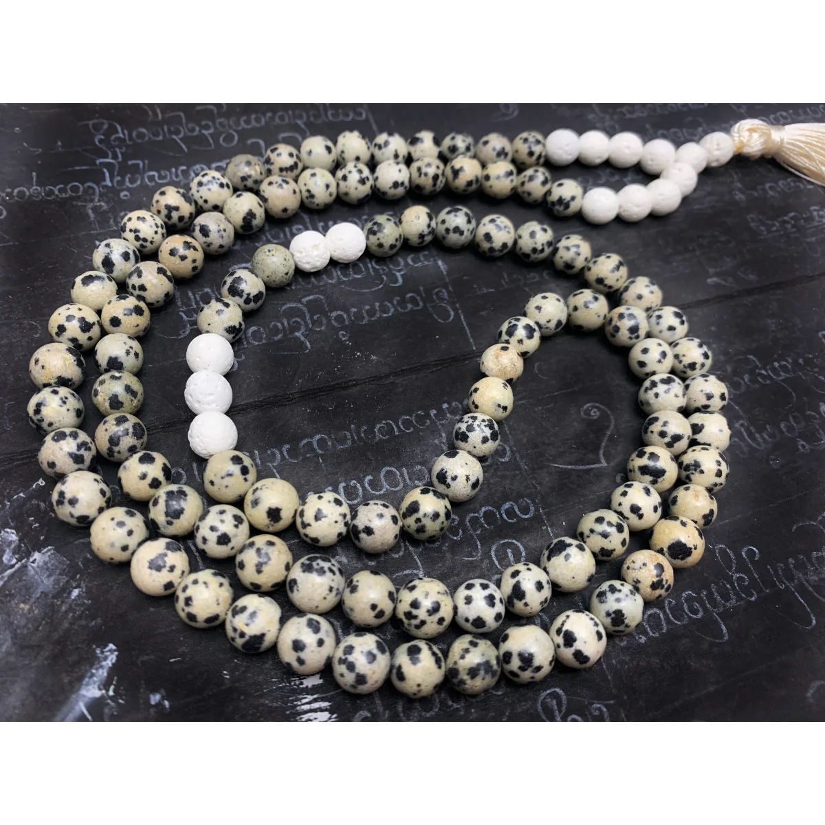 Dalmatian Jasper with White Lavastone Stretch Mala with Silk Tassel #110 - Image 4