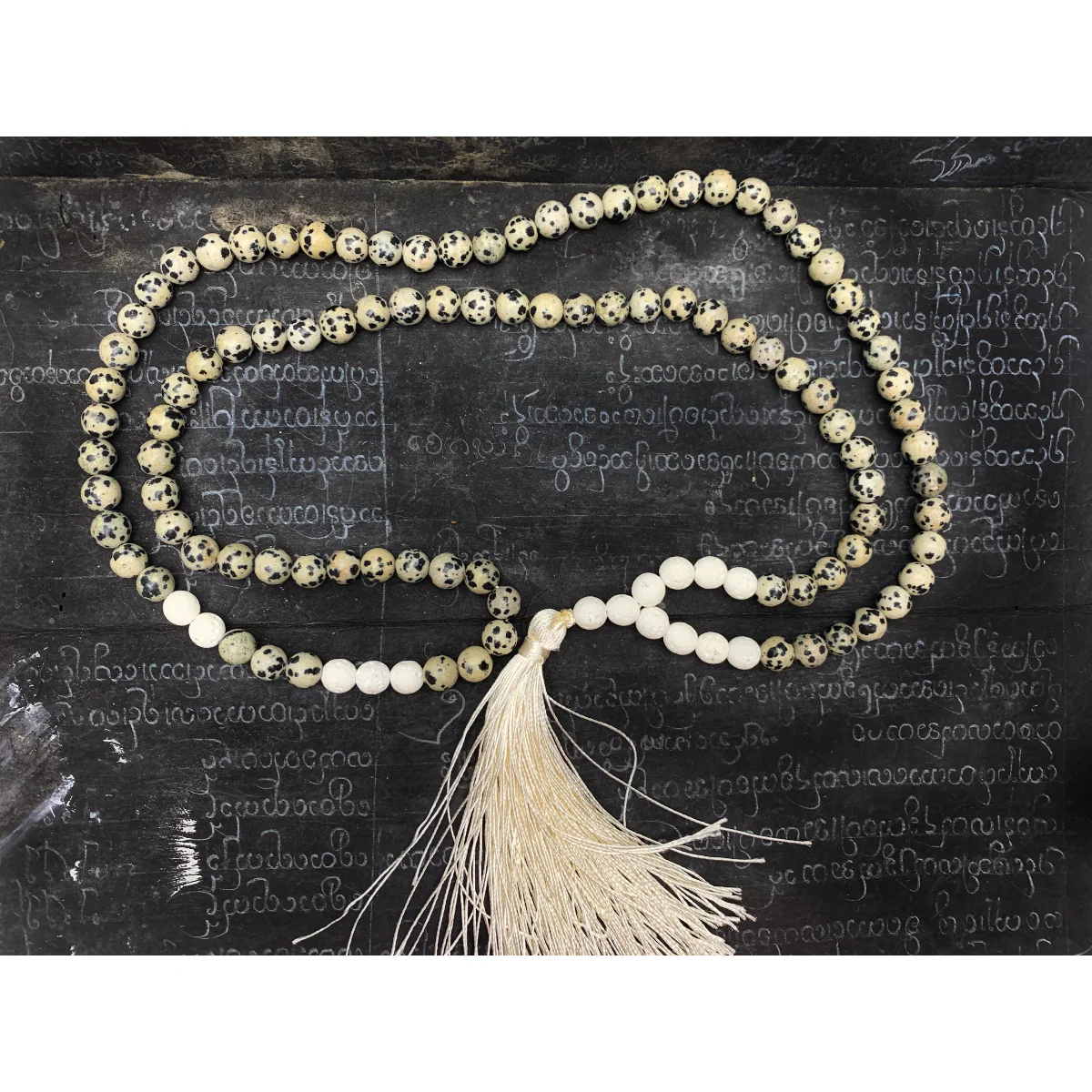 Dalmatian Jasper with White Lavastone Stretch Mala with Silk Tassel #110 - Image 5