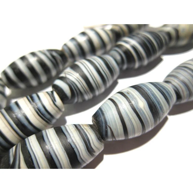Glass "Dzi Style Banded Agate" Black and White Glass Barrel Necklace/Strand or Loose - Image 4