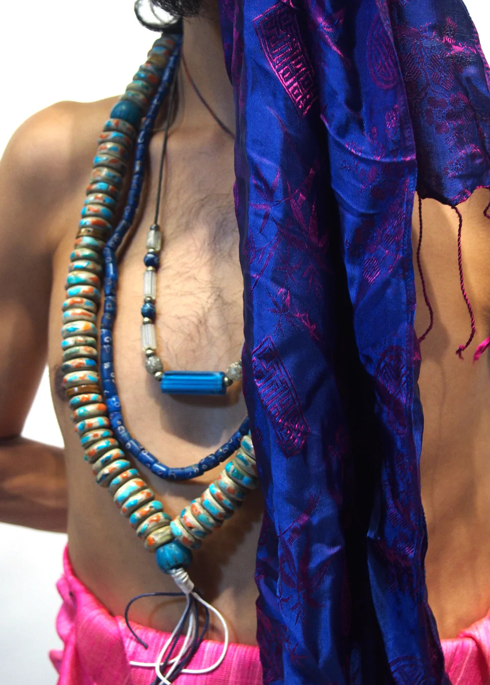 Ensemble 10: Vietnamese 100% Silk Two-Tone Scarf, Royal Blue/Magenta with Thailand Printed Turquoise Wrap Skirt - Each Item Sold Separately - Image 4