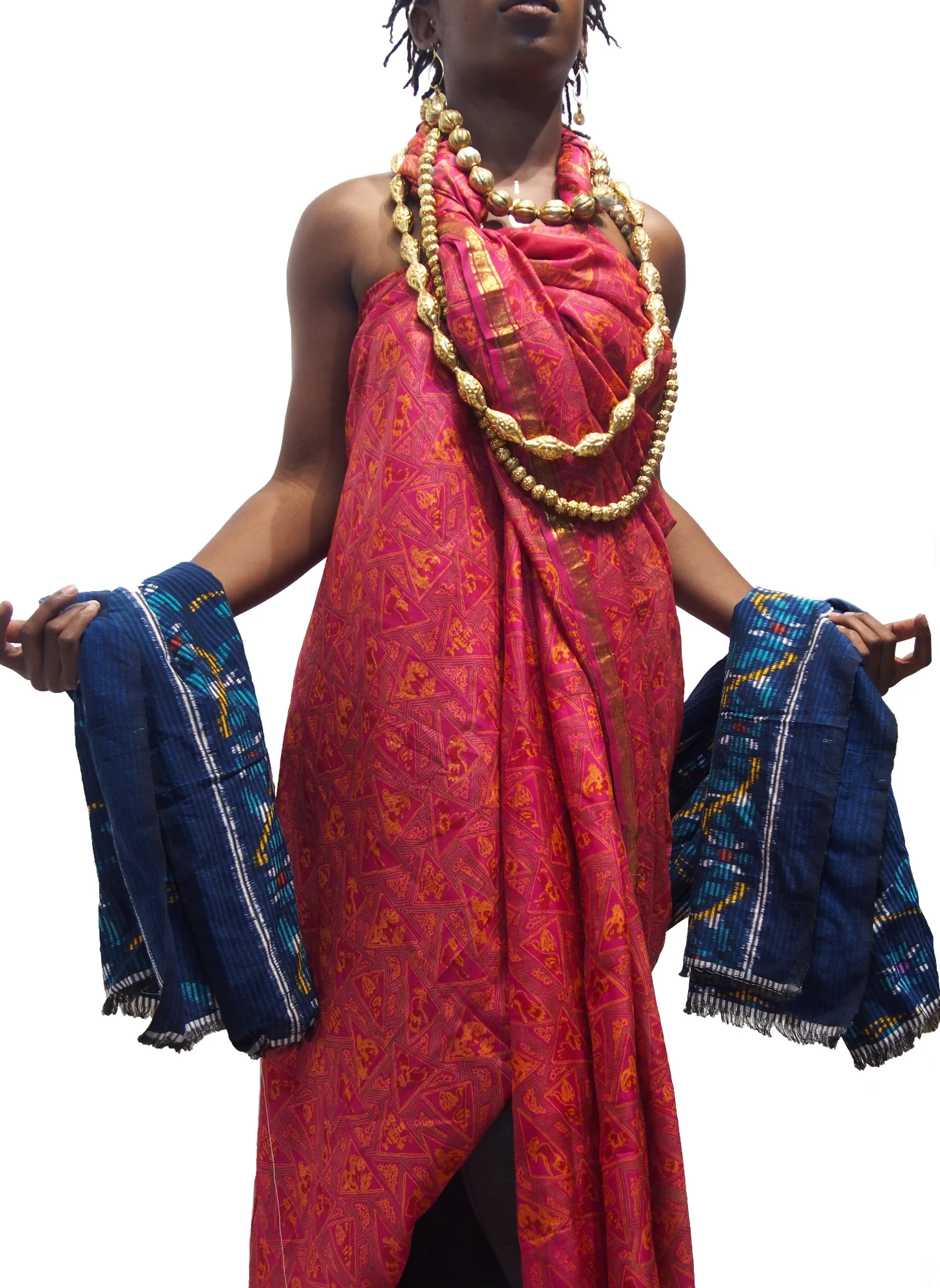 Ensemble 12: Vintage Rajasthan Sari with Floral Ikat Sarong from Bali, Indonesia with Gold Wash Copper Melon Heirloom Bead Strands from Nepal - Each Item Sold Separately - Image 2