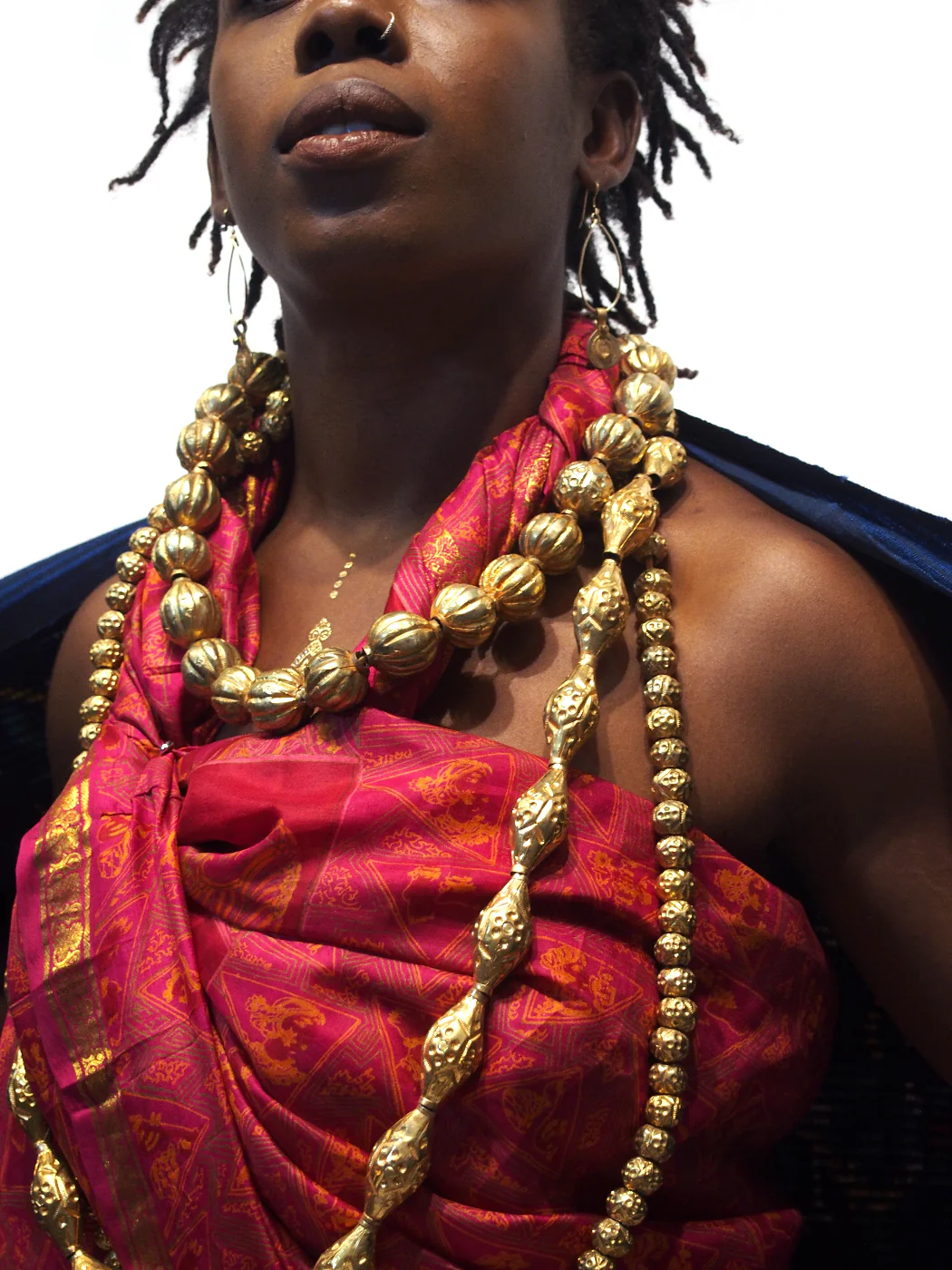 Ensemble 12: Vintage Rajasthan Sari with Floral Ikat Sarong from Bali, Indonesia with Gold Wash Copper Melon Heirloom Bead Strands from Nepal - Each Item Sold Separately - Image 3