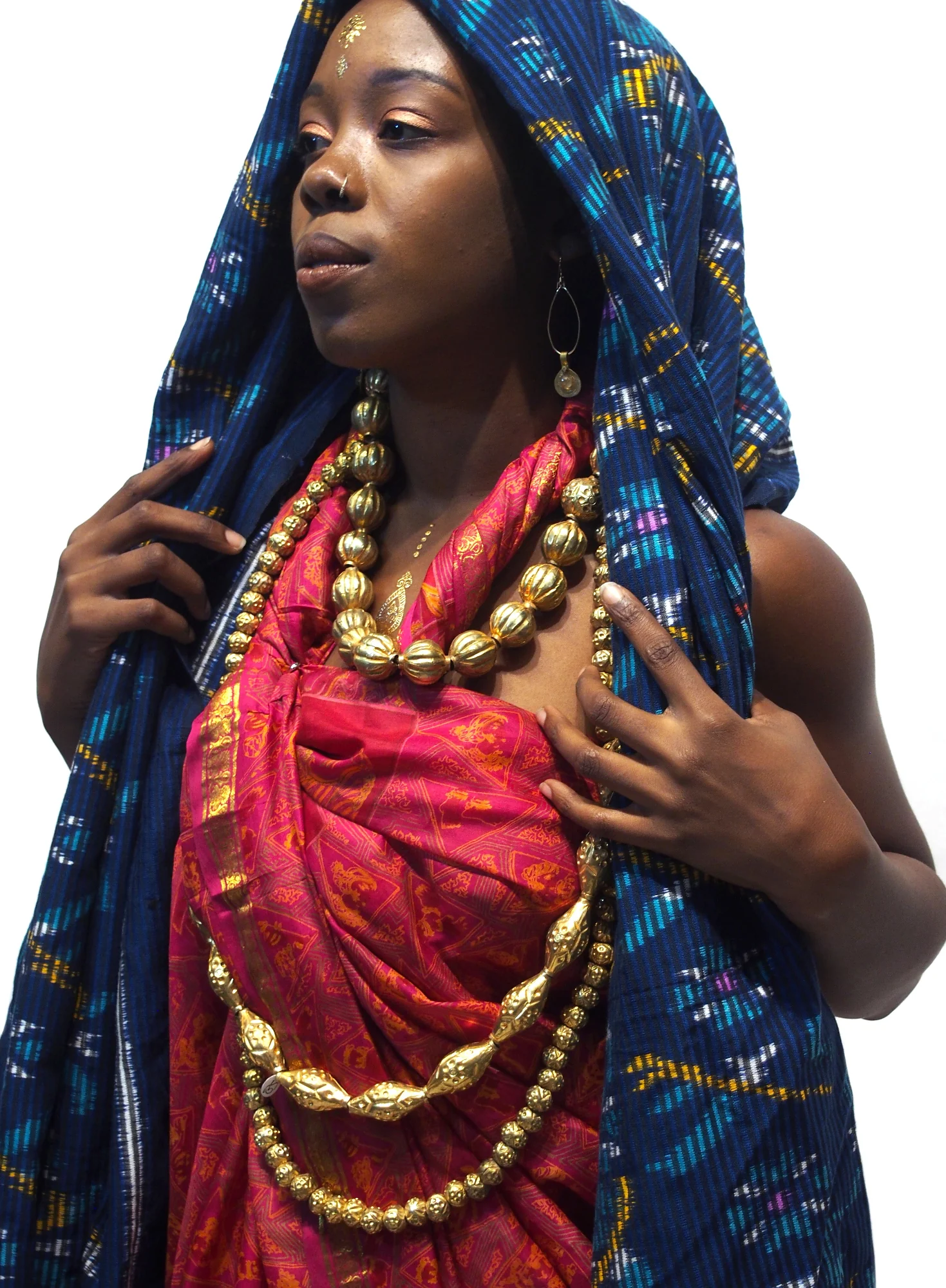Ensemble 12: Vintage Rajasthan Sari with Floral Ikat Sarong from Bali, Indonesia with Gold Wash Copper Melon Heirloom Bead Strands from Nepal - Each Item Sold Separately - Image 4