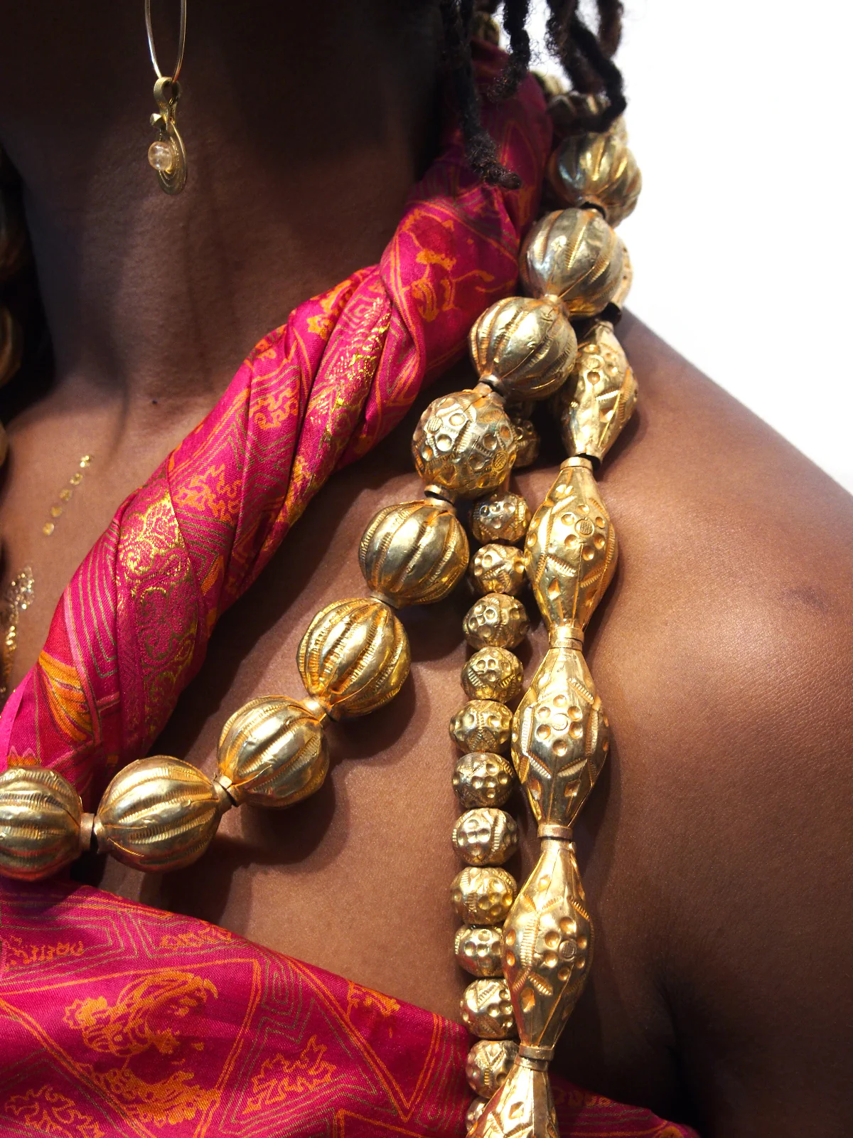 Ensemble 12: Vintage Rajasthan Sari with Floral Ikat Sarong from Bali, Indonesia with Gold Wash Copper Melon Heirloom Bead Strands from Nepal - Each Item Sold Separately - Image 5
