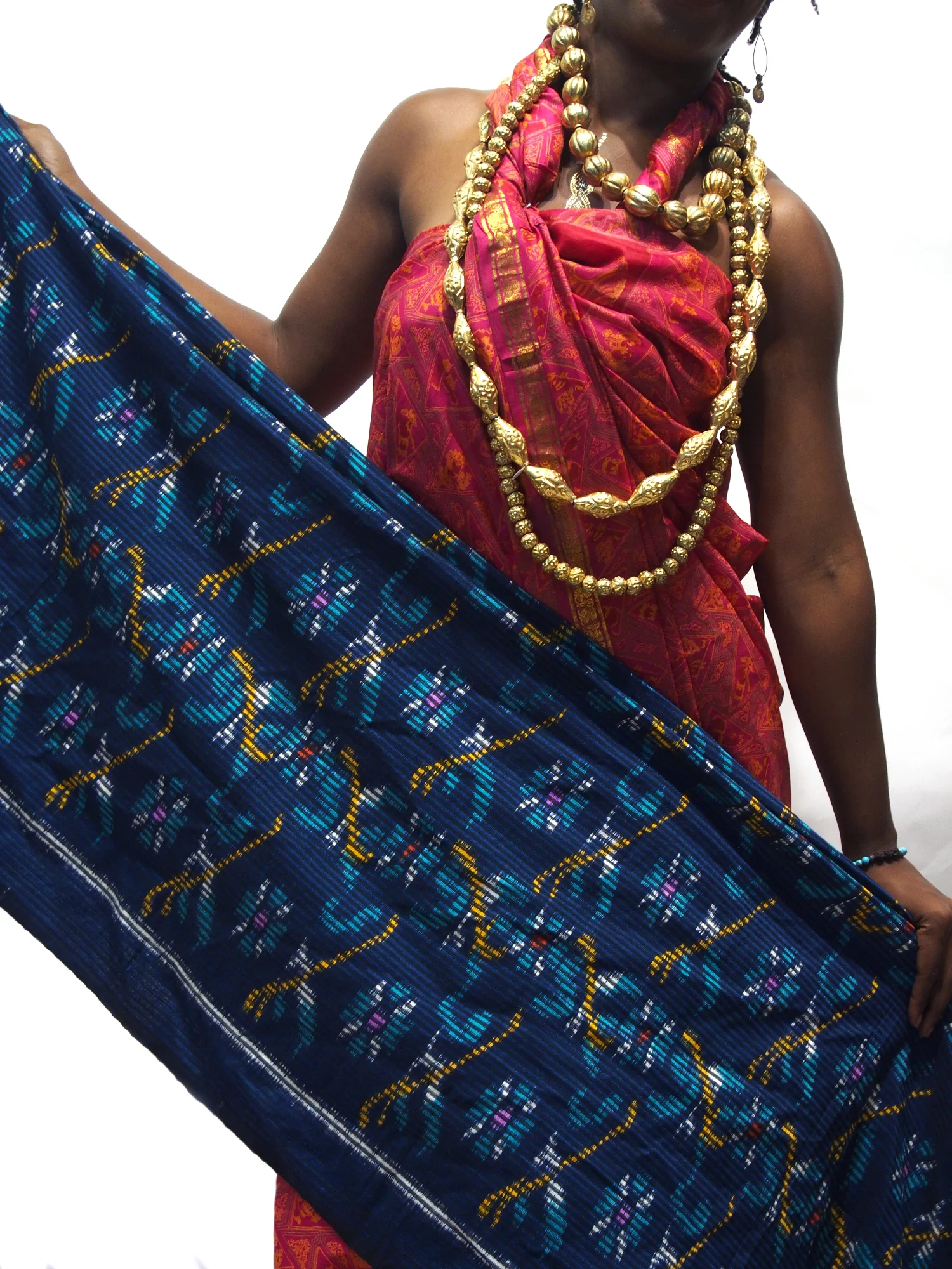 Ensemble 12: Vintage Rajasthan Sari with Floral Ikat Sarong from Bali, Indonesia with Gold Wash Copper Melon Heirloom Bead Strands from Nepal - Each Item Sold Separately - Image 6