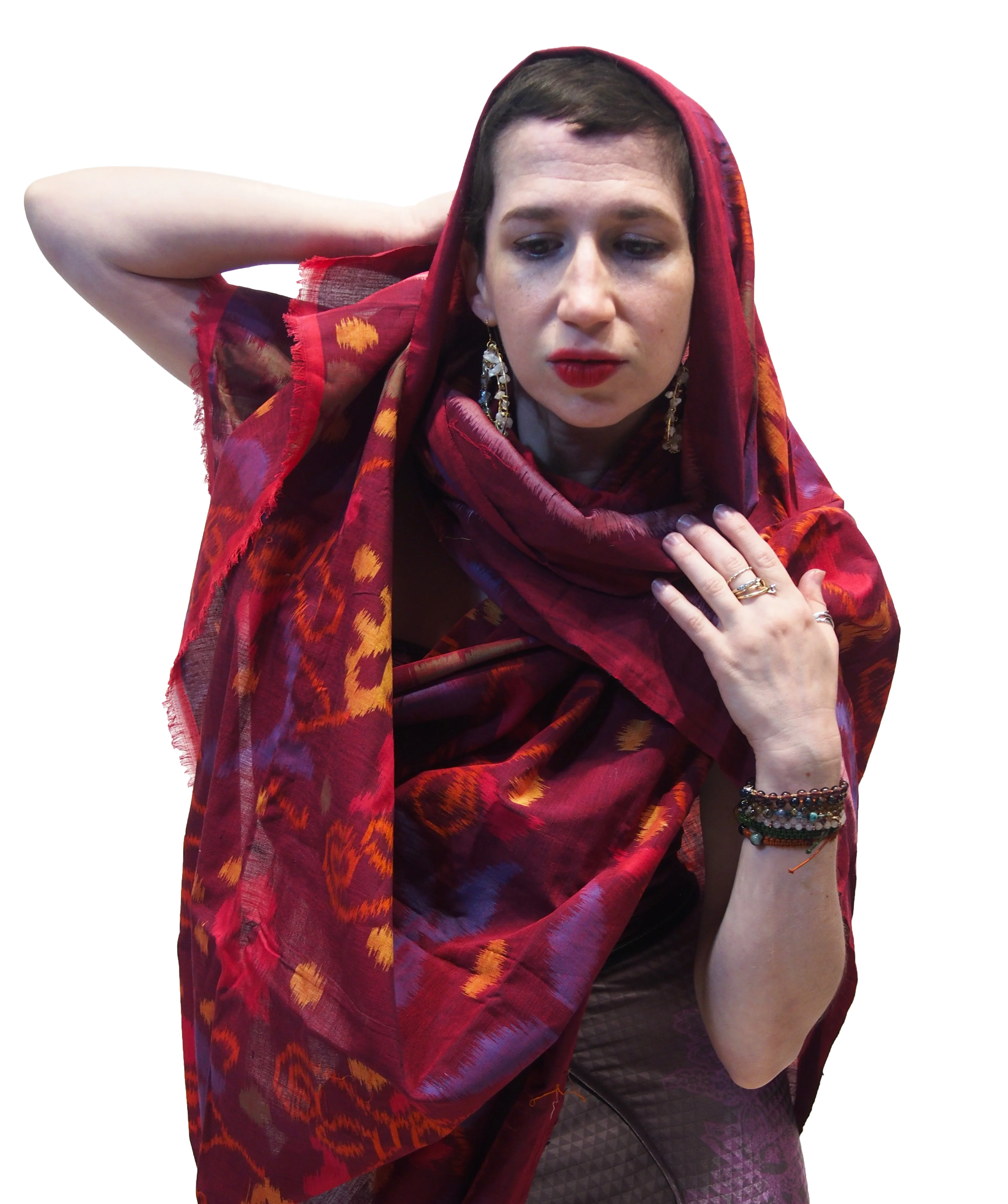 Ensemble 13: Bali Ikat Floral Sarong with Wire Wrapped Moonstone Hoop Earrings - Each Item Sold Separately - Image 2