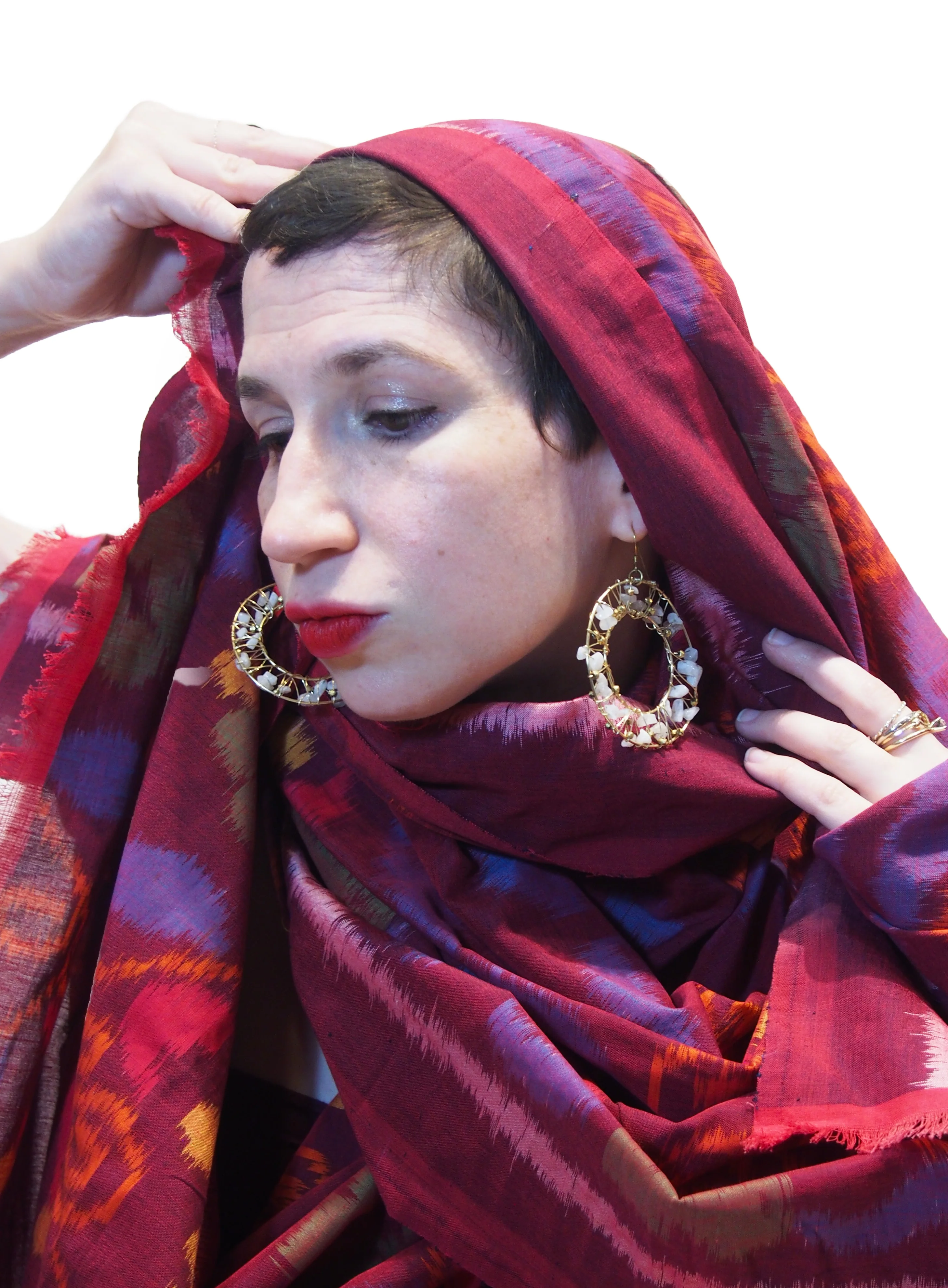 Ensemble 13: Bali Ikat Floral Sarong with Wire Wrapped Moonstone Hoop Earrings - Each Item Sold Separately - Image 3