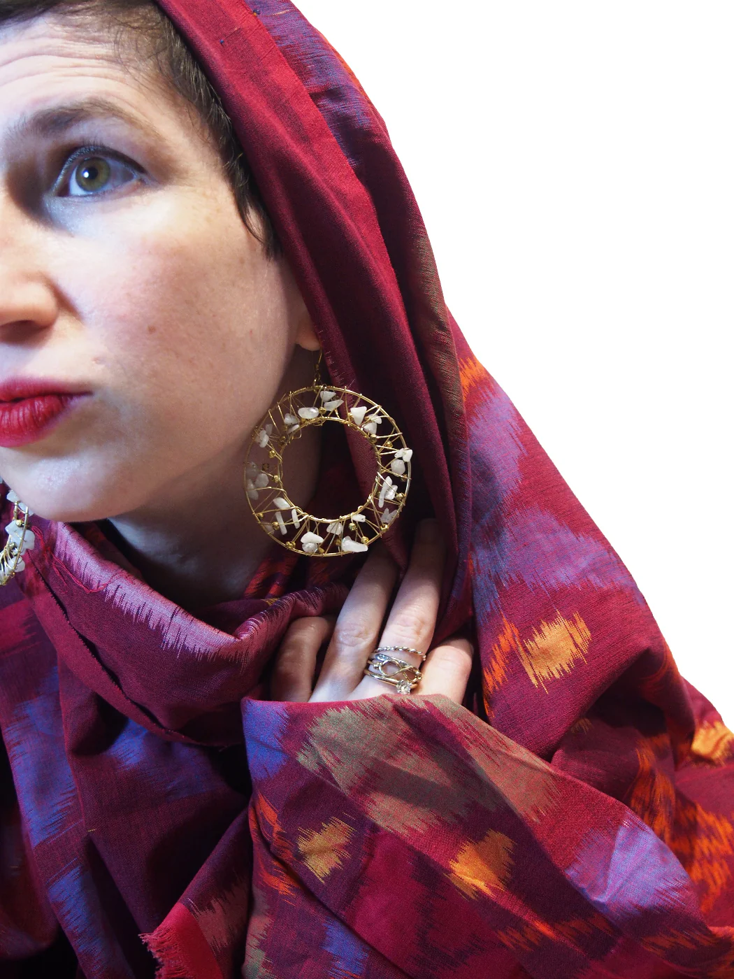 Ensemble 13: Bali Ikat Floral Sarong with Wire Wrapped Moonstone Hoop Earrings - Each Item Sold Separately - Image 4