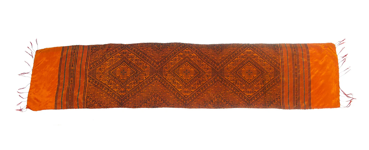 Ensemble 16: Thai 100% Raw Silk Forest Green Scarf with Laos Hilltribe Woven Heirloom Silk Patterned Shawl - Each Item Sold Separately - Image 3