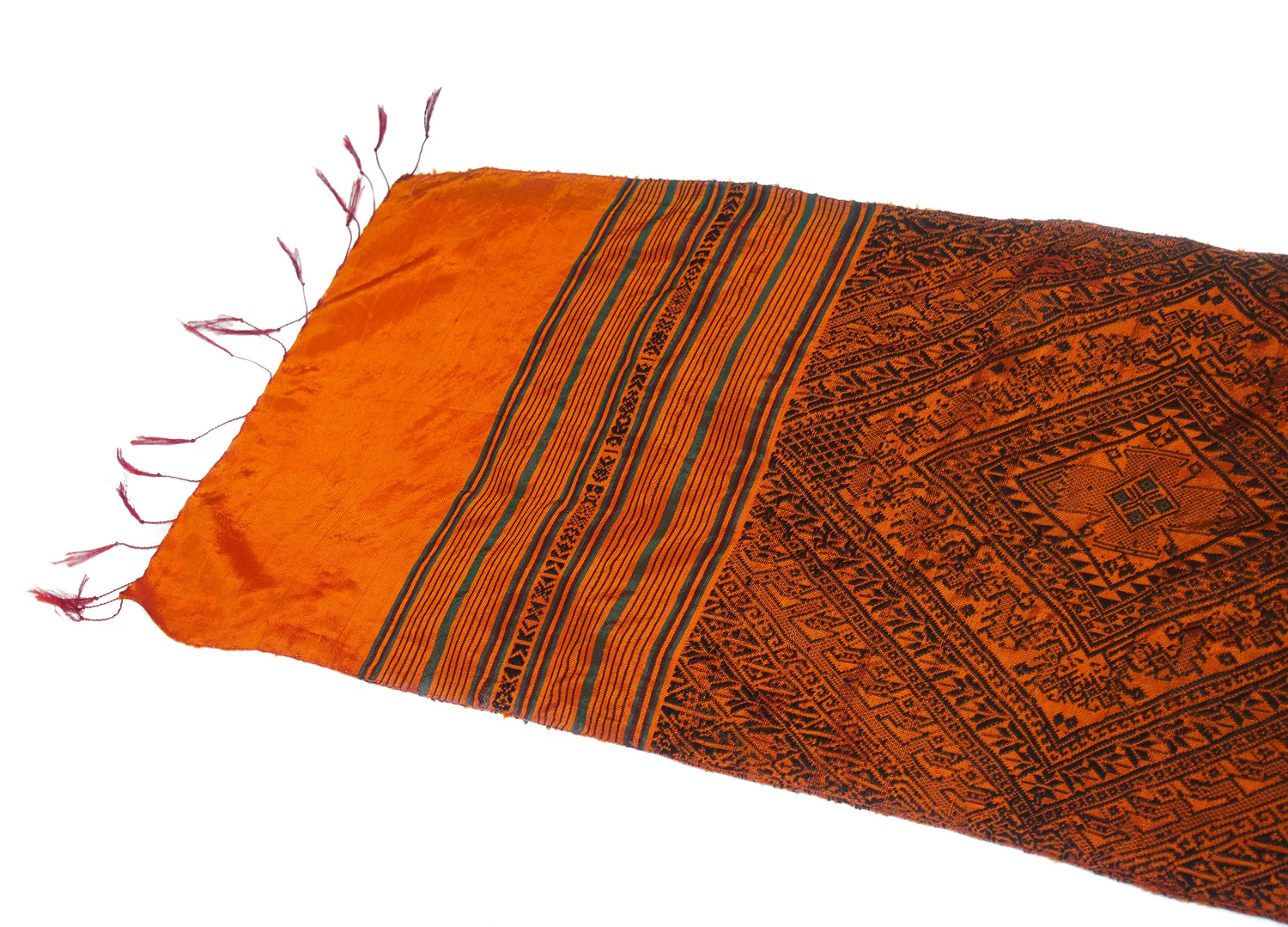 Ensemble 16: Thai 100% Raw Silk Forest Green Scarf with Laos Hilltribe Woven Heirloom Silk Patterned Shawl - Each Item Sold Separately - Image 4