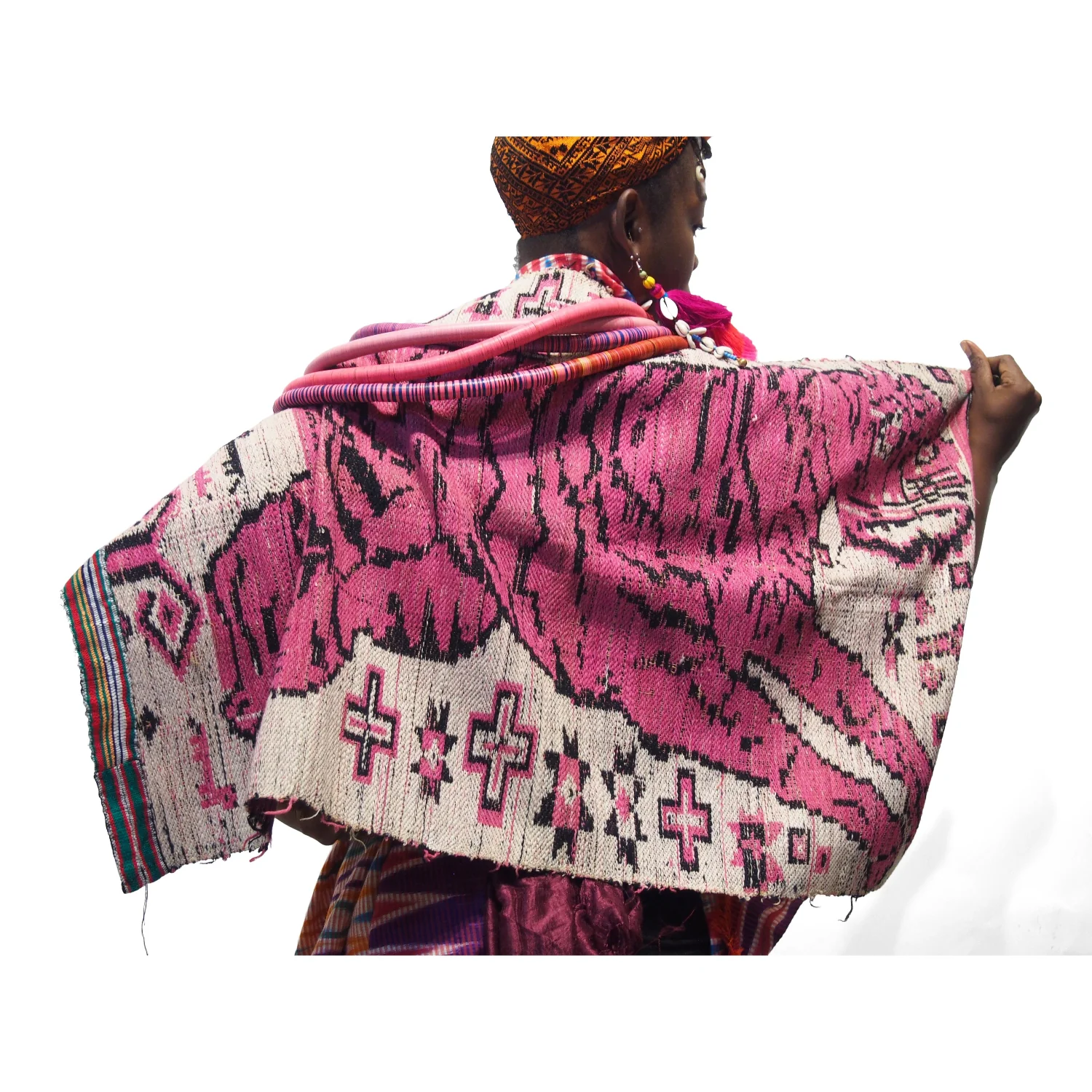 Ensemble 2: Vintage Shamanic Magic Tiger Cloth with Hilltribe Earrings and Shawl, African Celluloid Beads and Balinese Sarong - Each Item Sold Separately - Image 2