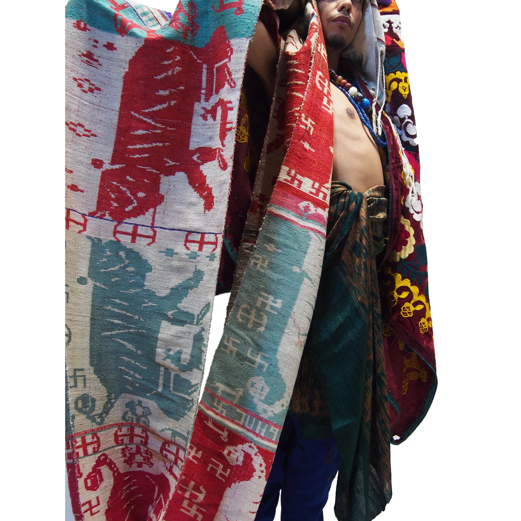 Ensemble 22: Vintage Shamanic Tiger Spirit Cloth with Suzani Cloth and Ikat Shawl - Each Item Sold Separately - Image 3
