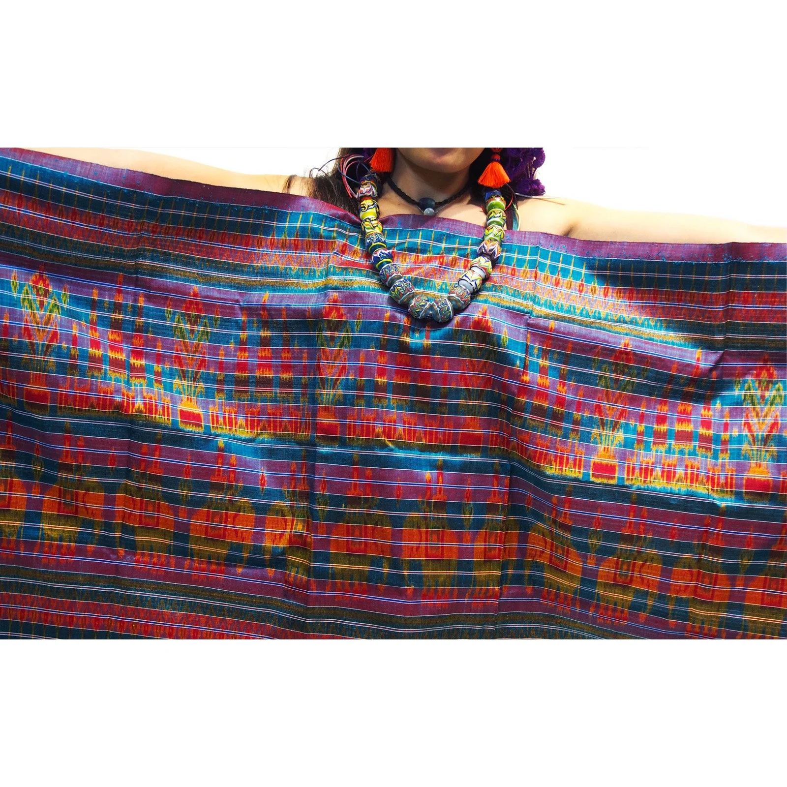 Ensemble 24: Northern Thailand Heirloom Elephant 100% Silk Wrap with XL Hand Wound "Feather" Glass Beads - Each Item Sold Separately - Image 2
