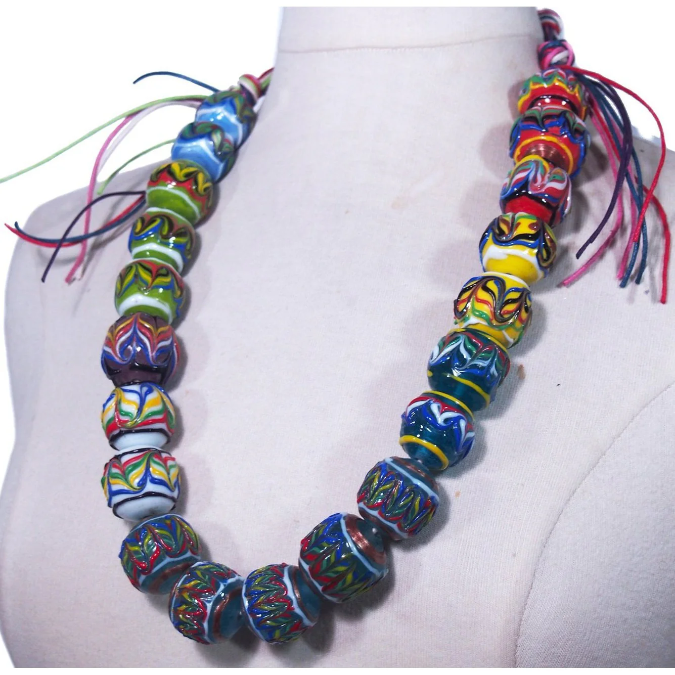 Ensemble 24: Northern Thailand Heirloom Elephant 100% Silk Wrap with XL Hand Wound "Feather" Glass Beads - Each Item Sold Separately - Image 3