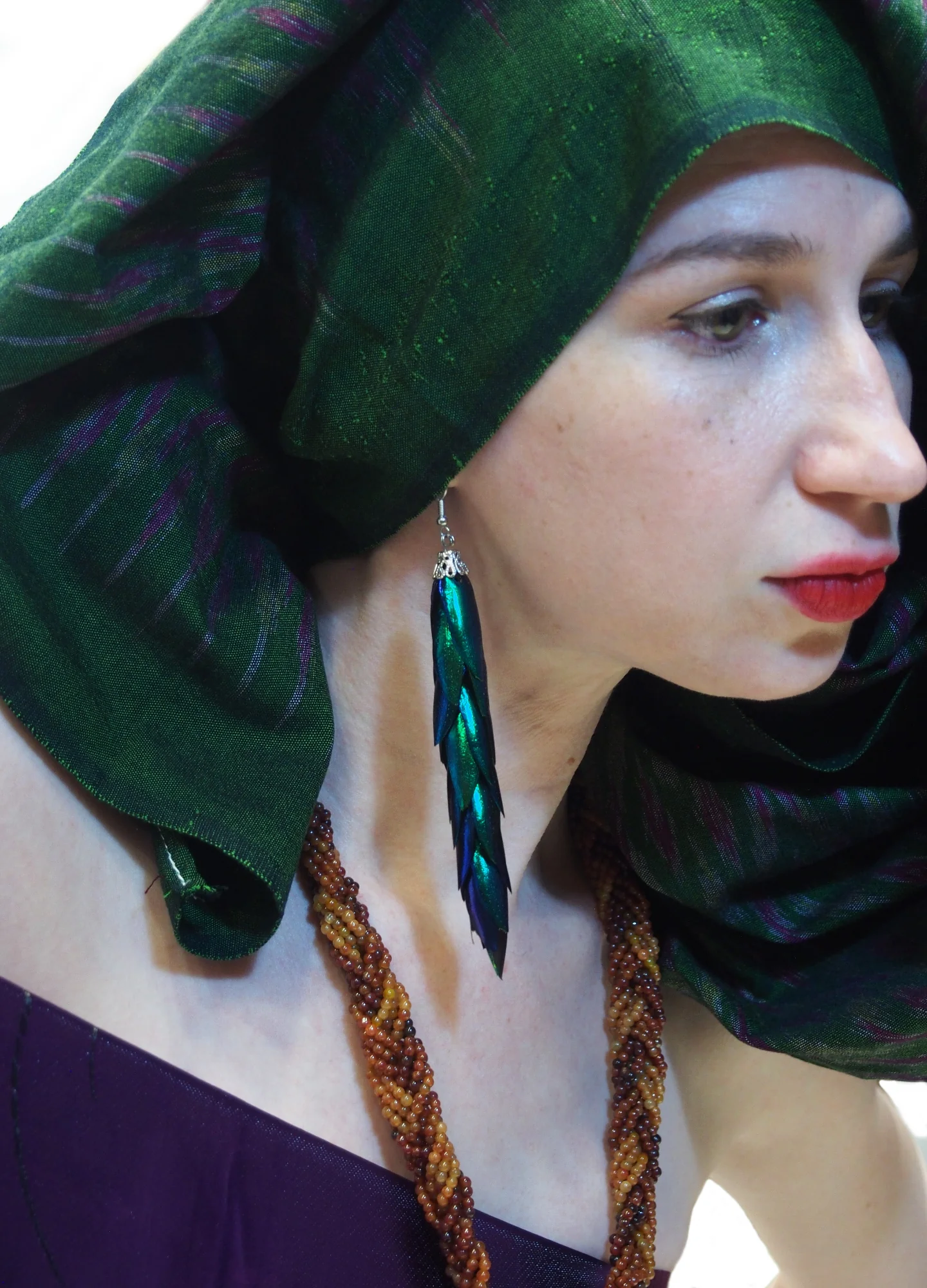 Ensemble 3: Chinese Wall Hanging and Indonesian Sarong with Peacock Feather Earrings and Jade Necklace - Each Item Sold Separately - Image 2