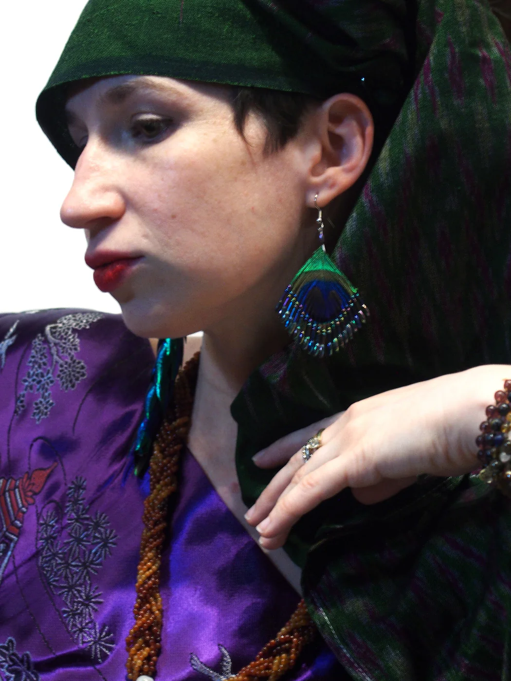 Ensemble 3: Chinese Wall Hanging and Indonesian Sarong with Peacock Feather Earrings and Jade Necklace - Each Item Sold Separately - Image 3
