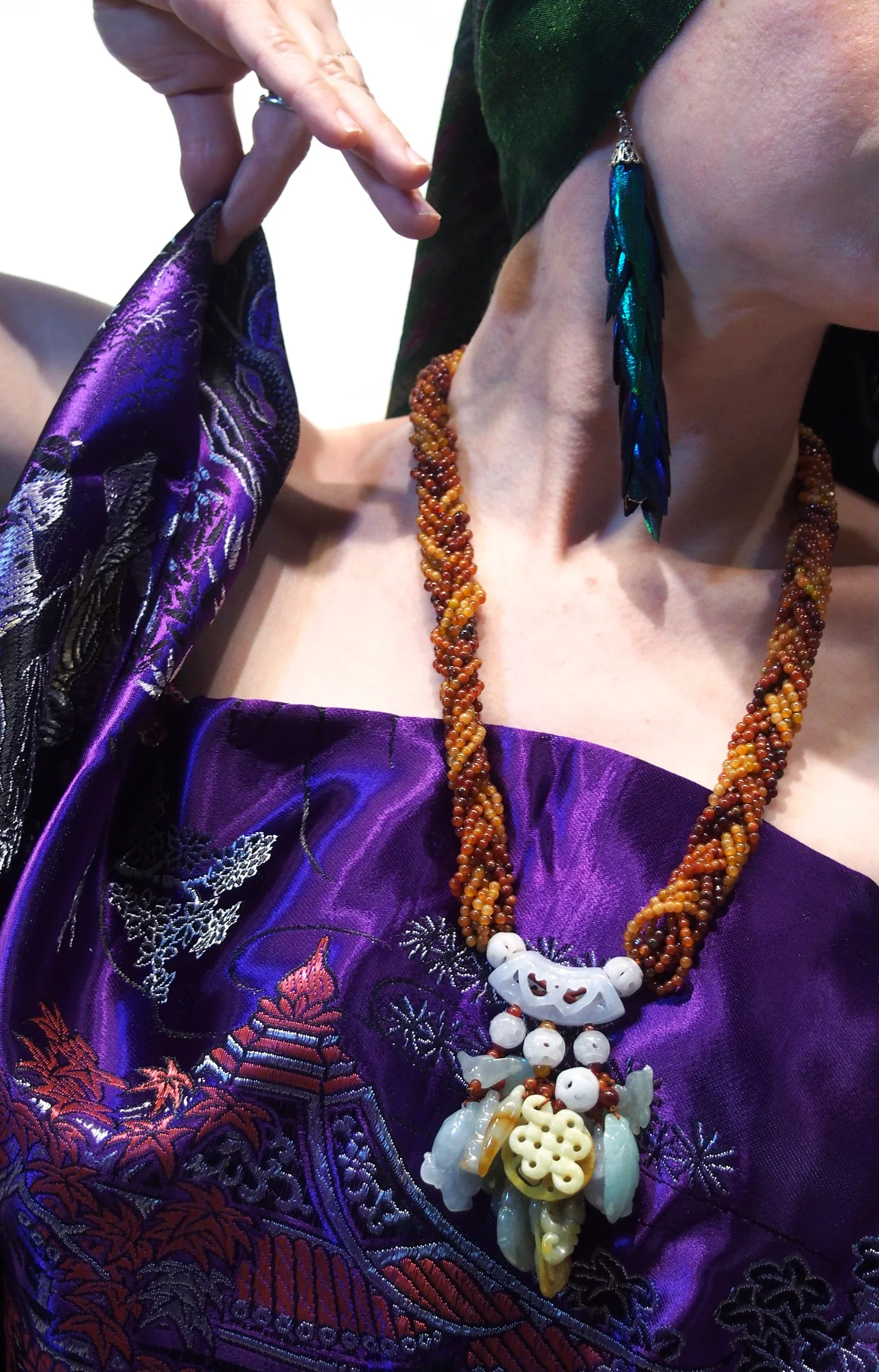 Ensemble 3: Chinese Wall Hanging and Indonesian Sarong with Peacock Feather Earrings and Jade Necklace - Each Item Sold Separately - Image 4