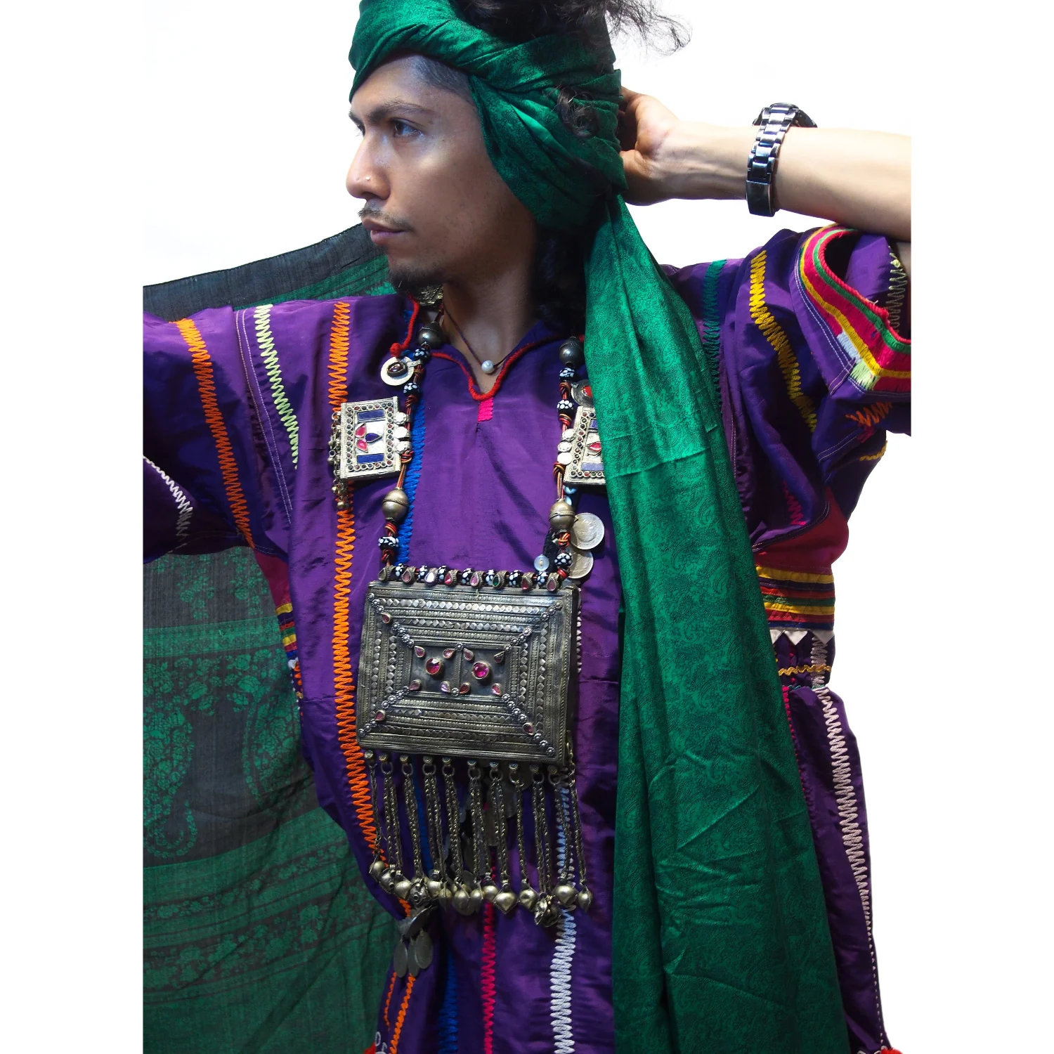 Ensemble 4: Vintage Afghan Kuchi Tunic with Silk Indian Sari and Kuchi Necklace - Each Item Sold Separately - Image 2
