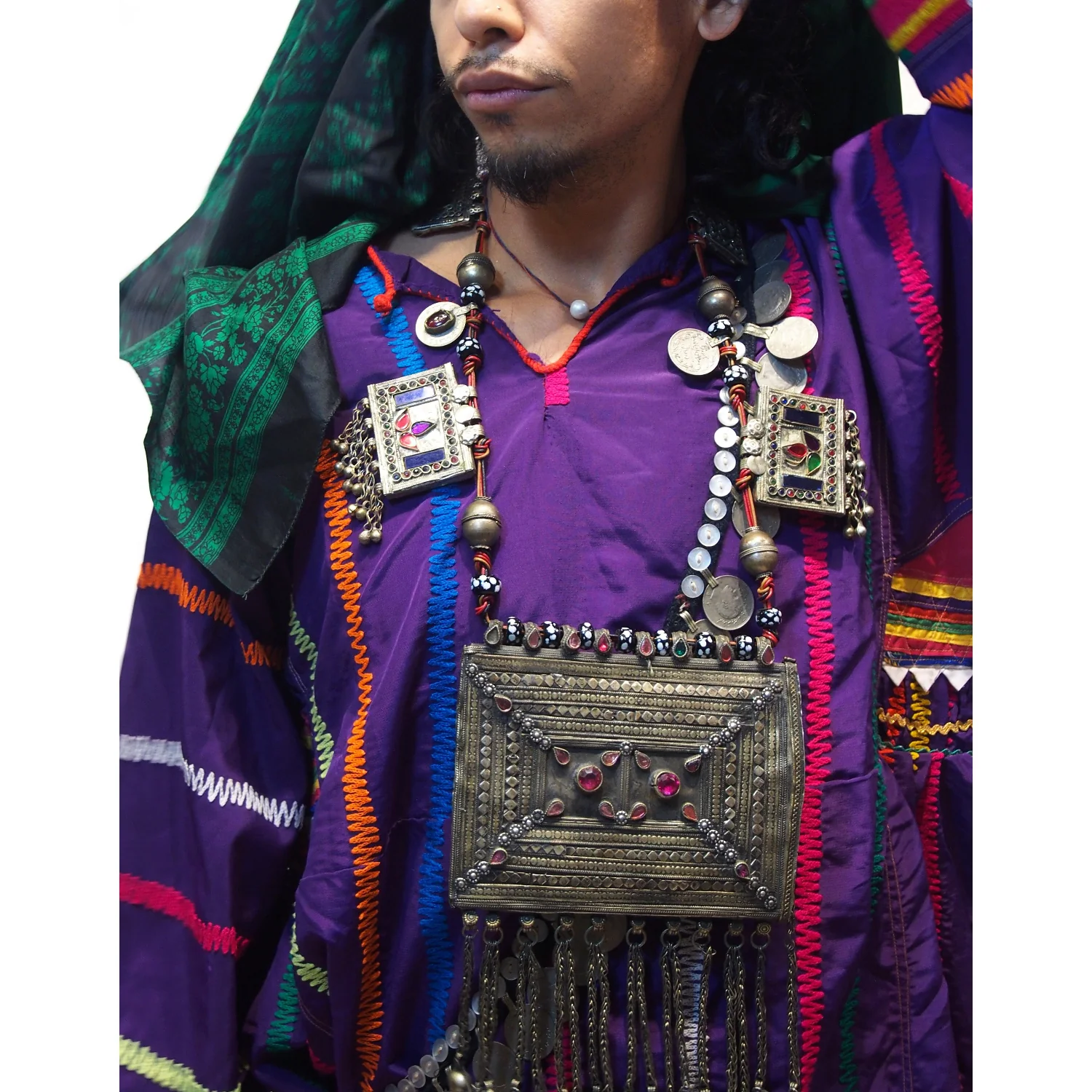 Ensemble 4: Vintage Afghan Kuchi Tunic with Silk Indian Sari and Kuchi Necklace - Each Item Sold Separately - Image 3
