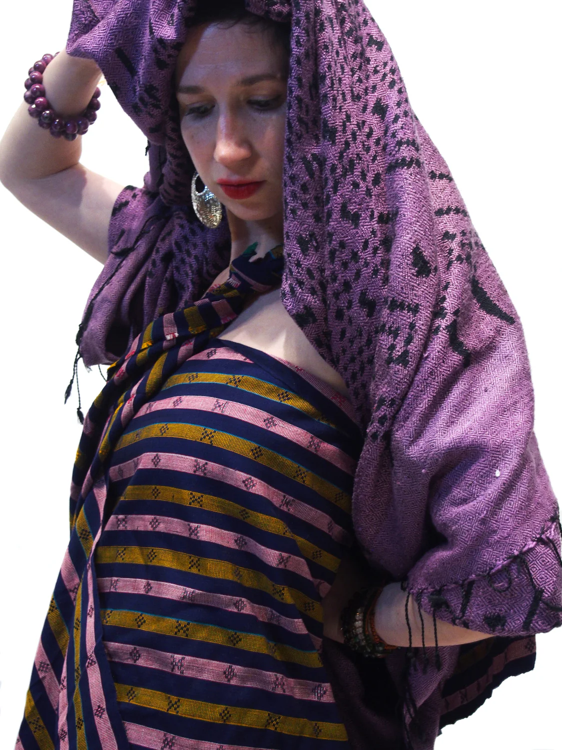 Ensemble 5: Handloomed Cotton Wrap/ Shawl from Lombok, Indonesia with Thai Sterling Silver Tribal Earrings and Naga Turquoise Glass Heirloom Bead Strands - Each Item Sold Separately - Image 2
