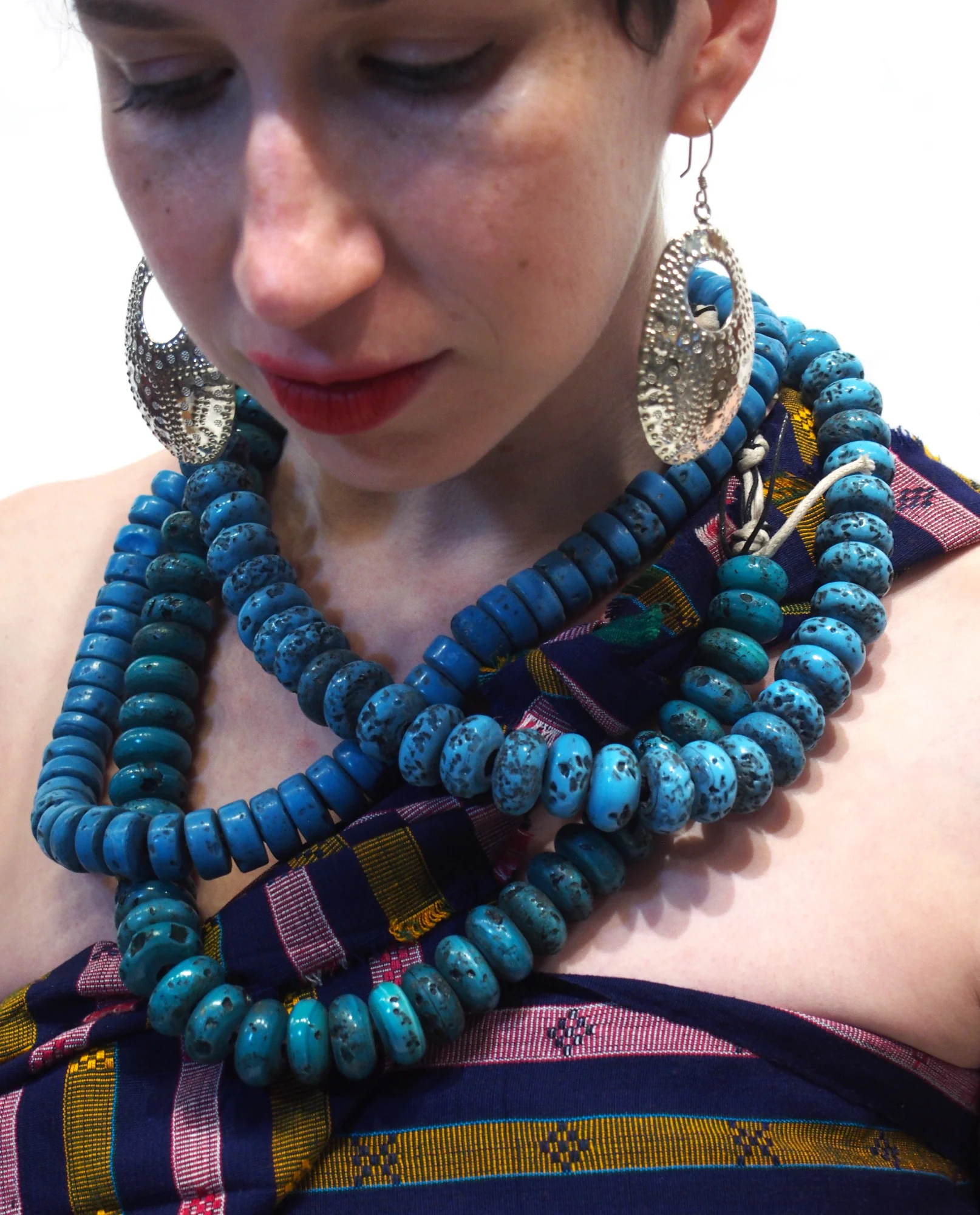 Ensemble 5: Handloomed Cotton Wrap/ Shawl from Lombok, Indonesia with Thai Sterling Silver Tribal Earrings and Naga Turquoise Glass Heirloom Bead Strands - Each Item Sold Separately - Image 3
