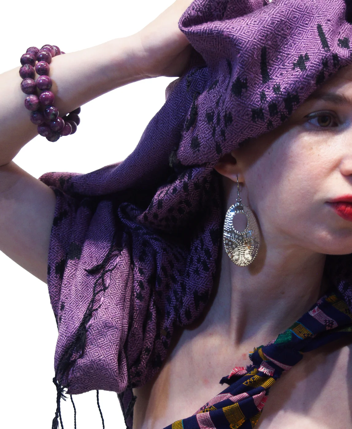 Ensemble 5: Handloomed Cotton Wrap/ Shawl from Lombok, Indonesia with Thai Sterling Silver Tribal Earrings and Naga Turquoise Glass Heirloom Bead Strands - Each Item Sold Separately - Image 4