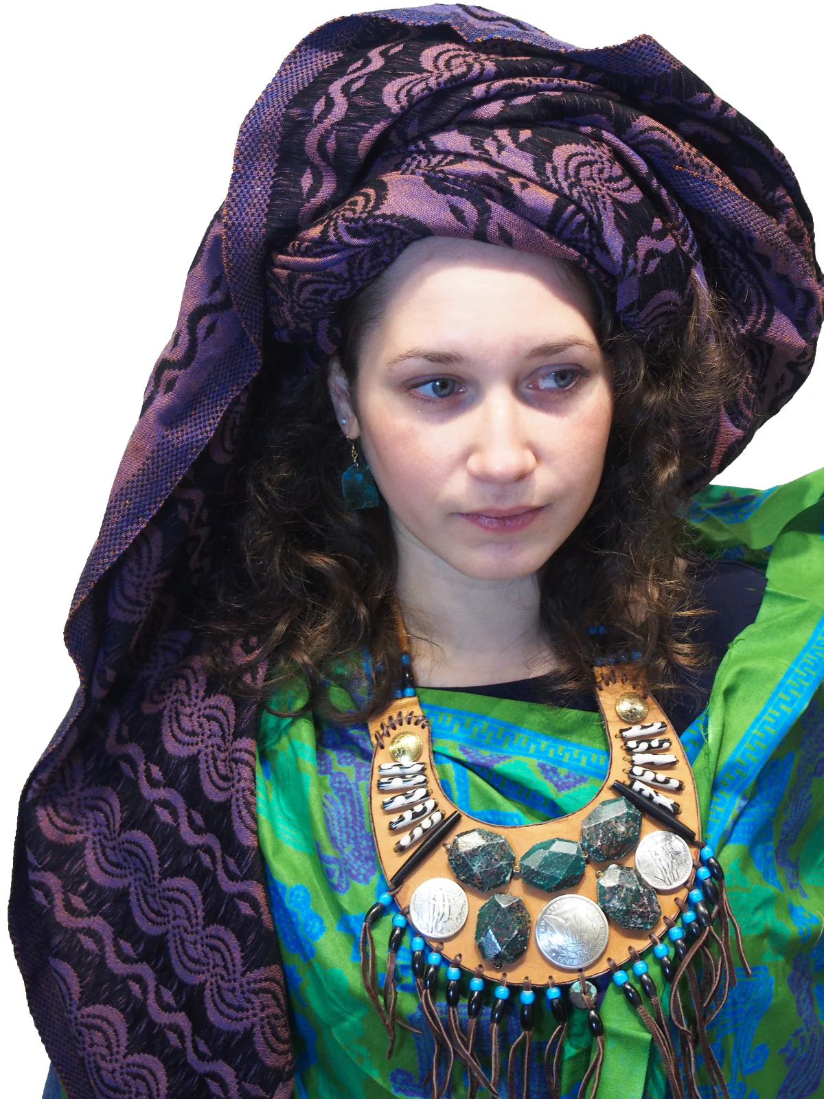 Ensemble 6: Floral Printed Sarong from Bali, Indonesia with Hand Tooled/ Adorned Leather Bib Necklace from Beads of Paradise NYC - Each Item Sold Separately - Image 3