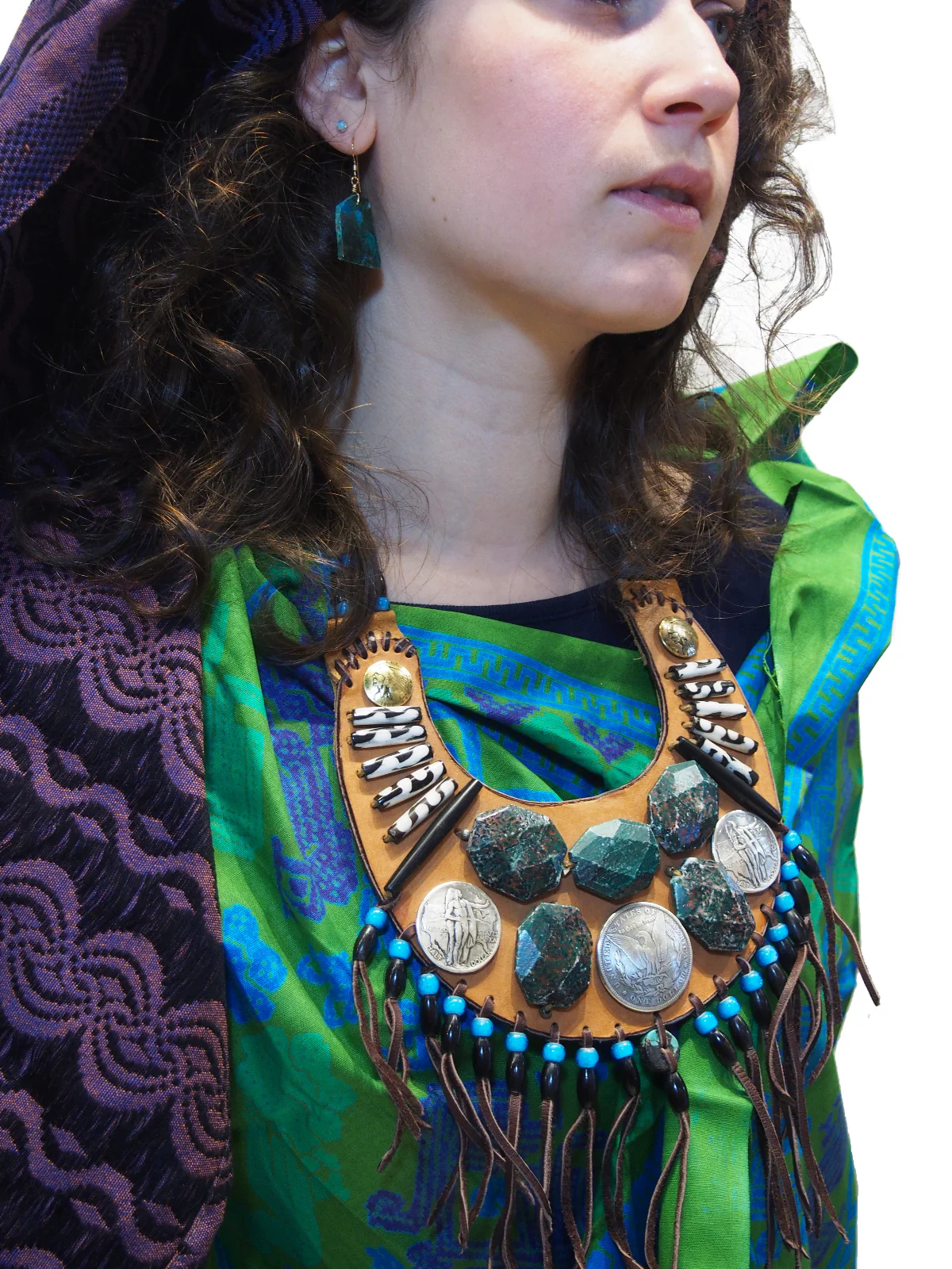 Ensemble 6: Floral Printed Sarong from Bali, Indonesia with Hand Tooled/ Adorned Leather Bib Necklace from Beads of Paradise NYC - Each Item Sold Separately - Image 4
