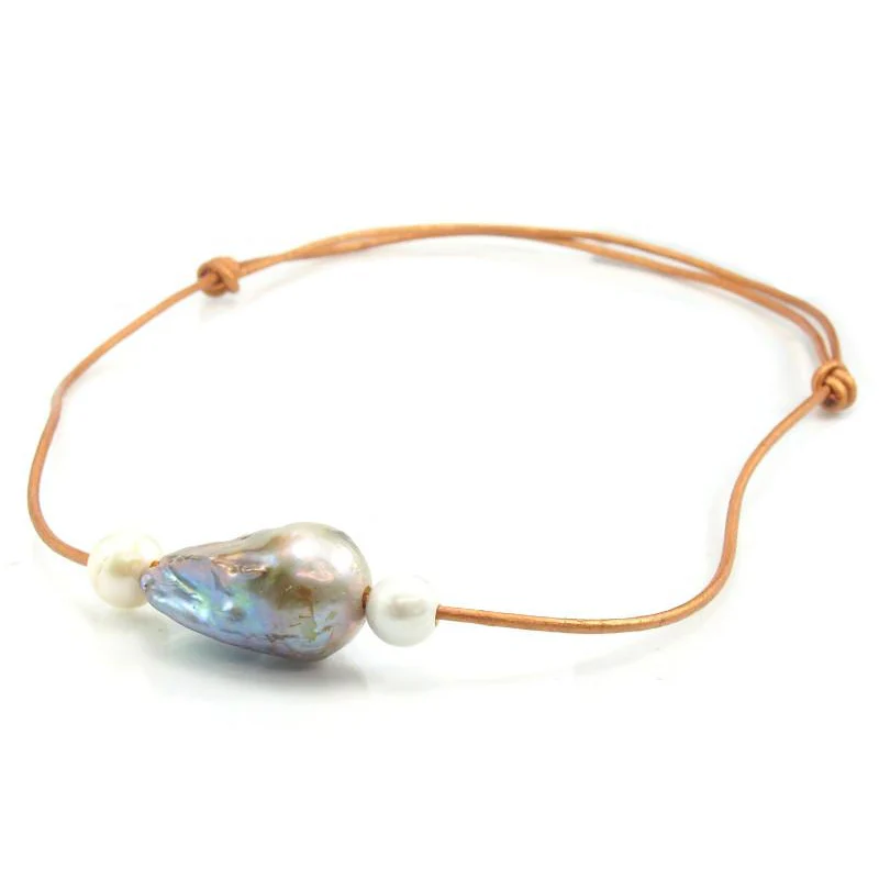 Fresh Water Pearl Beaded Adjustable Leather Necklace - Image 2