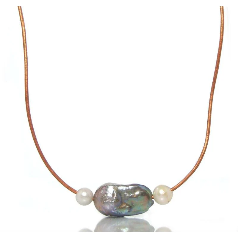 Fresh Water Pearl Beaded Adjustable Leather Necklace - Image 3