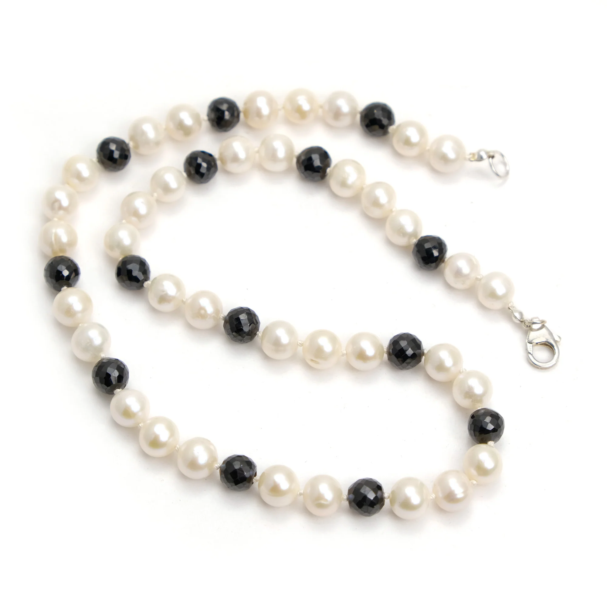 Fresh Water Pearl with Black Spinel Knotted Necklace with Sterling Silver Trigger Clasp - Image 2