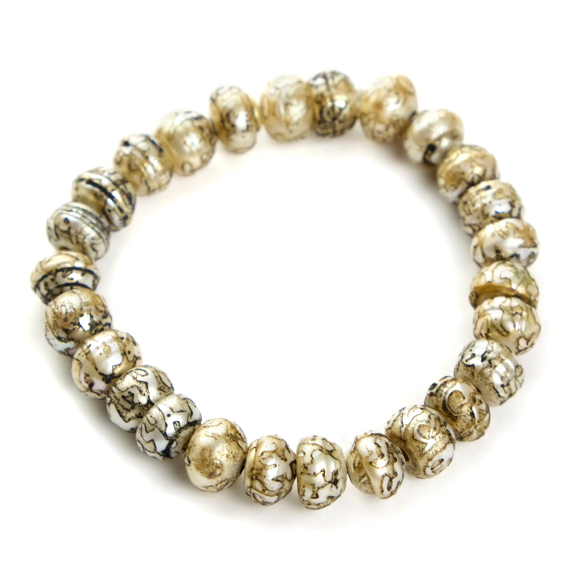 Fresh Water Pearls with Etched Om Mani Padme Om Mantra Stretch Bracelet - Image 2