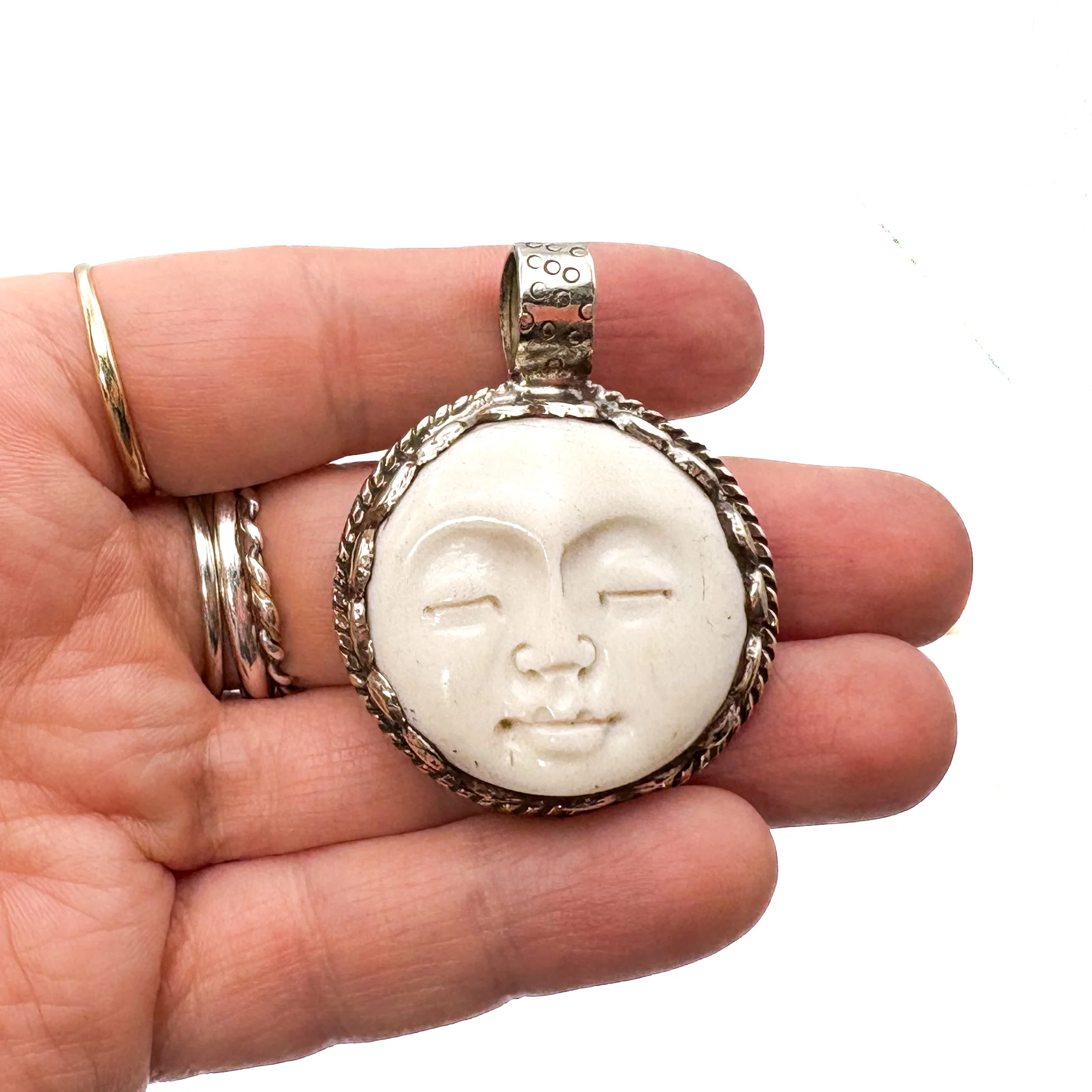 Full Moon Bone Brass Pendant Amulet # 52 - 2 - Image 2