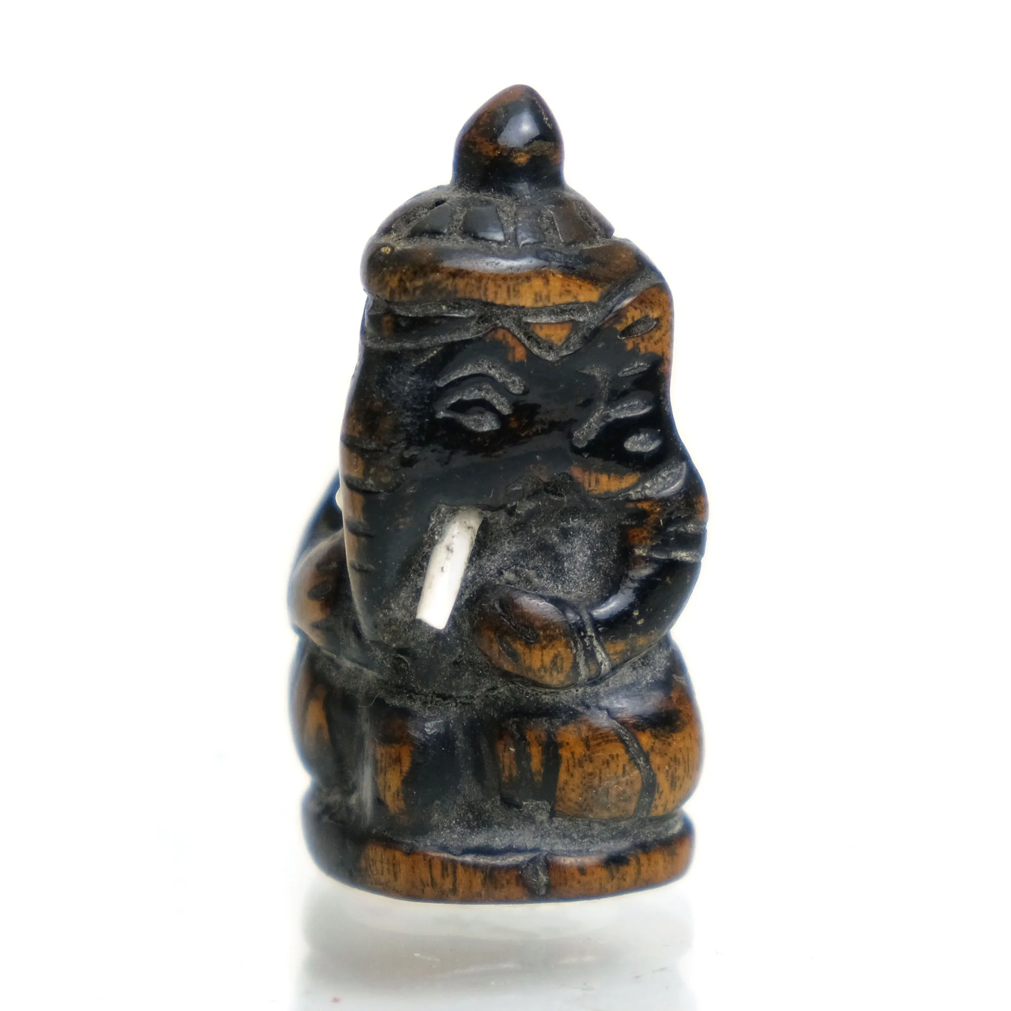Ganesha Hand Carved Teak Wood Amulet with Shell Tusks - Image 2