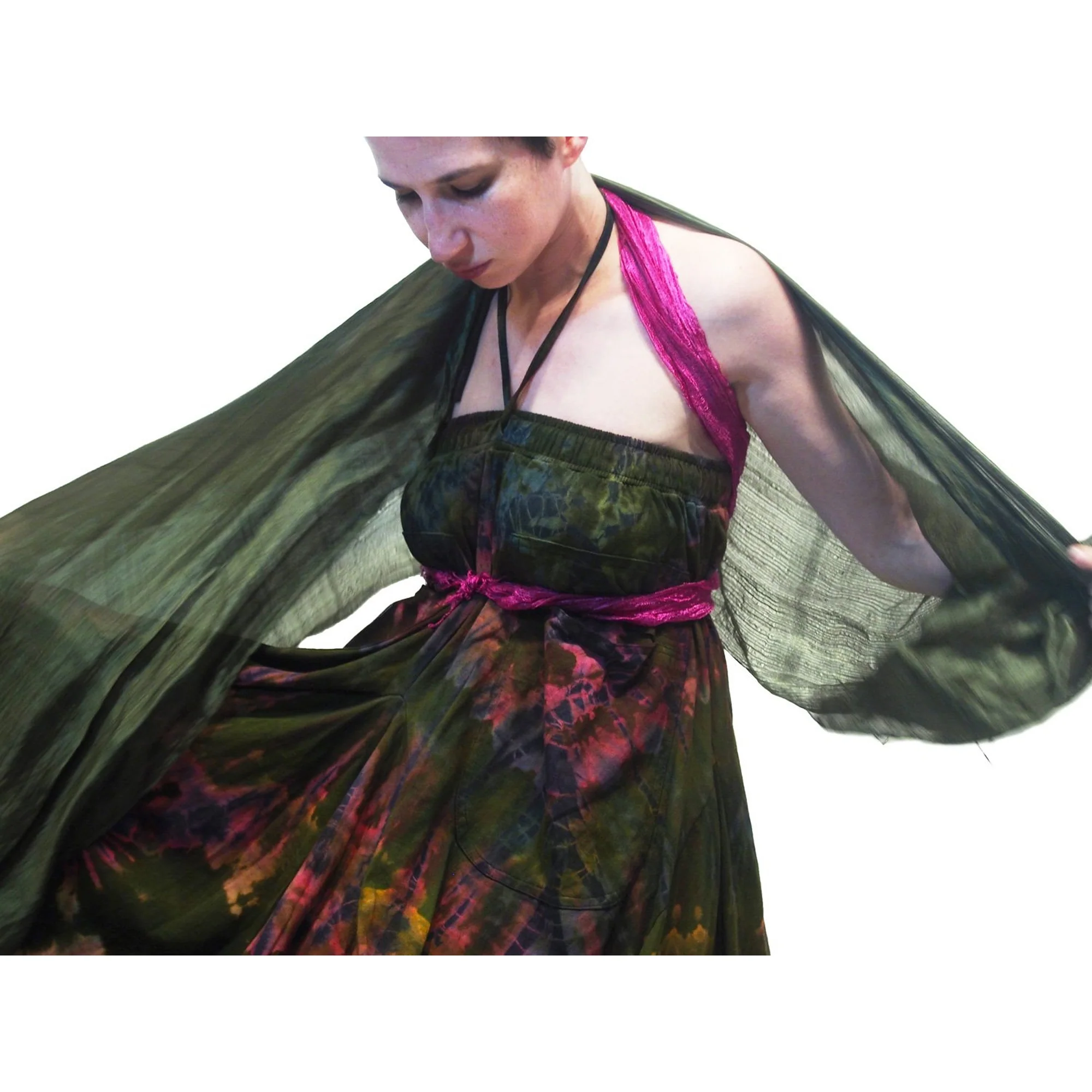 Tie Dye Parachute Skirt Green (worn as dress) With Thai 100% Silk Shawl 11 EACH PIECE SOLD SEPARATELY - Image 2