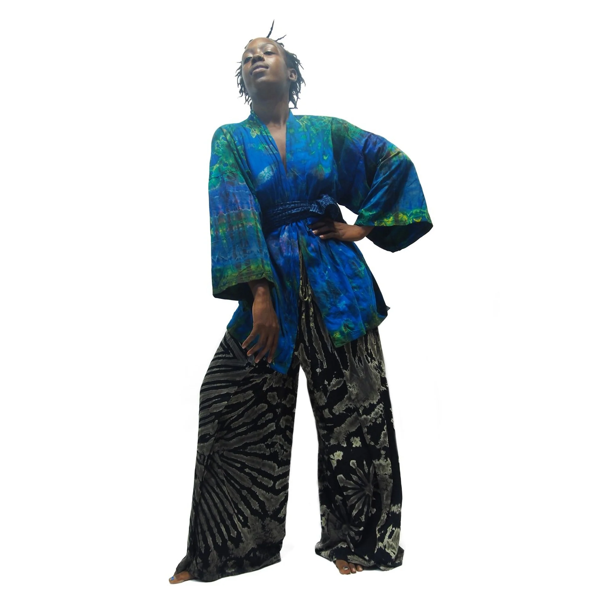 Tie Dye Kimono-Style Jacket Vivid Blues With Tie Dye Open-Leg Pants Black 16 EACH PIECE SOLD SEPARATELY - Image 2