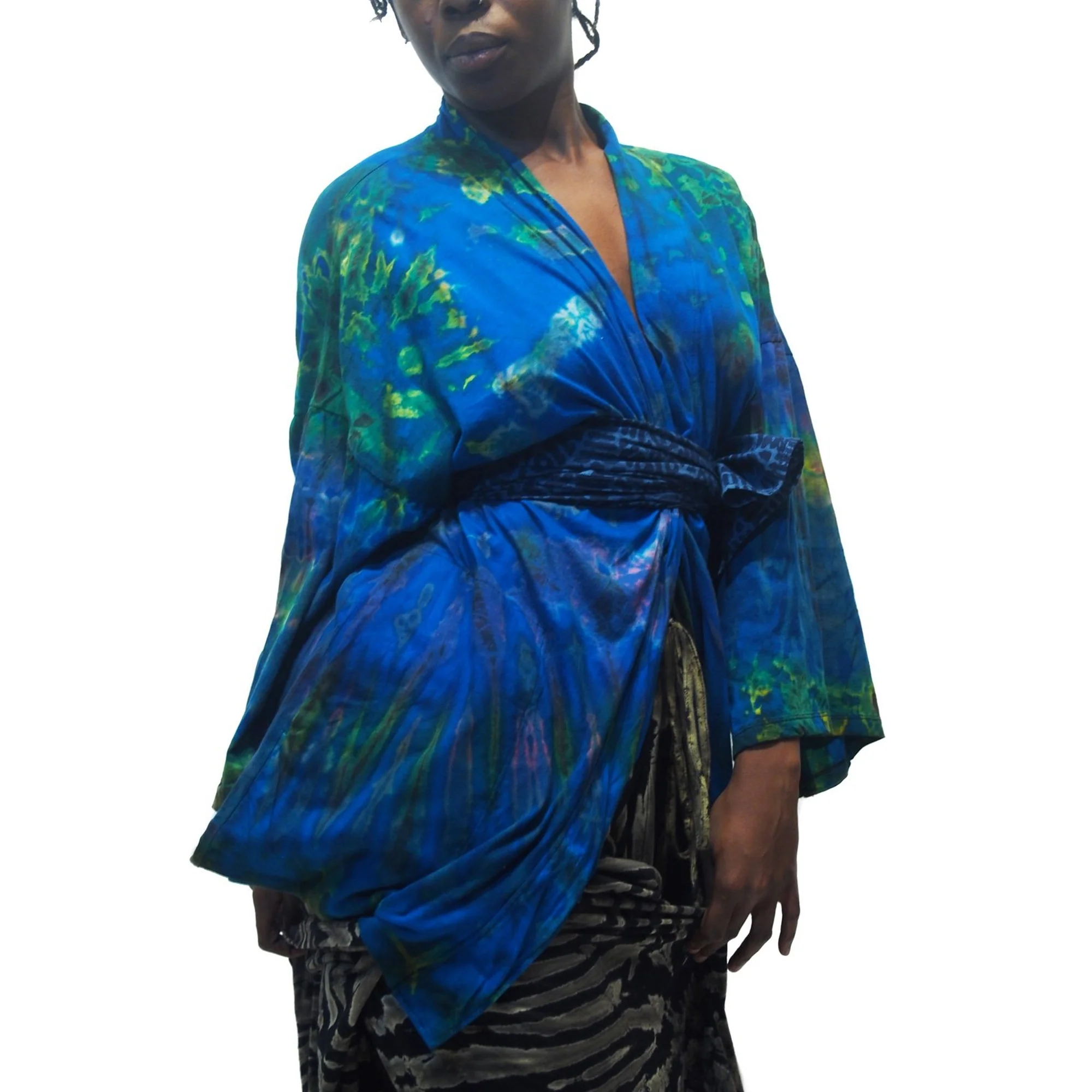 Tie Dye Kimono-Style Jacket Vivid Blues With Tie Dye Open-Leg Pants Black 16 EACH PIECE SOLD SEPARATELY - Image 3