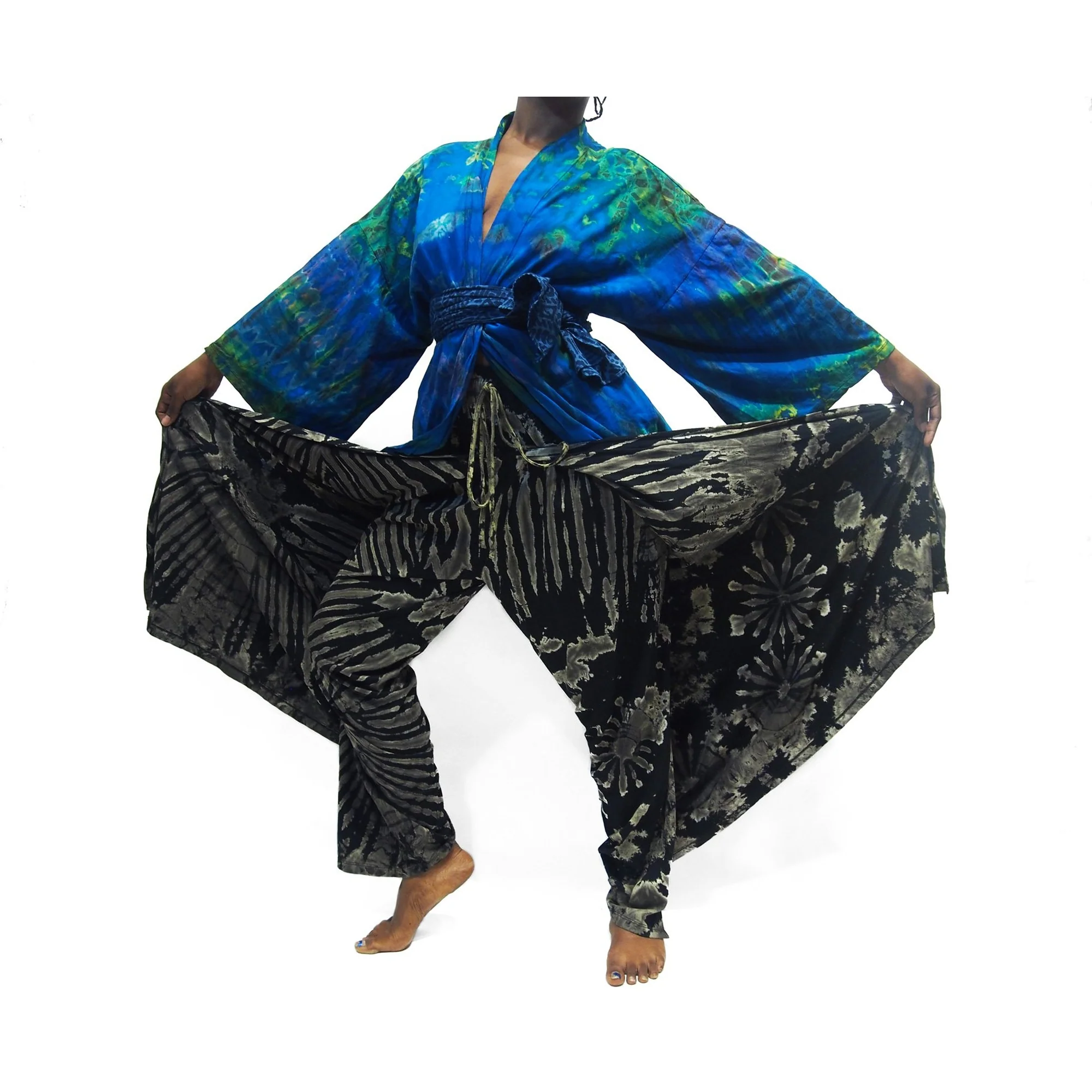 Tie Dye Kimono-Style Jacket Vivid Blues With Tie Dye Open-Leg Pants Black 16 EACH PIECE SOLD SEPARATELY - Image 4