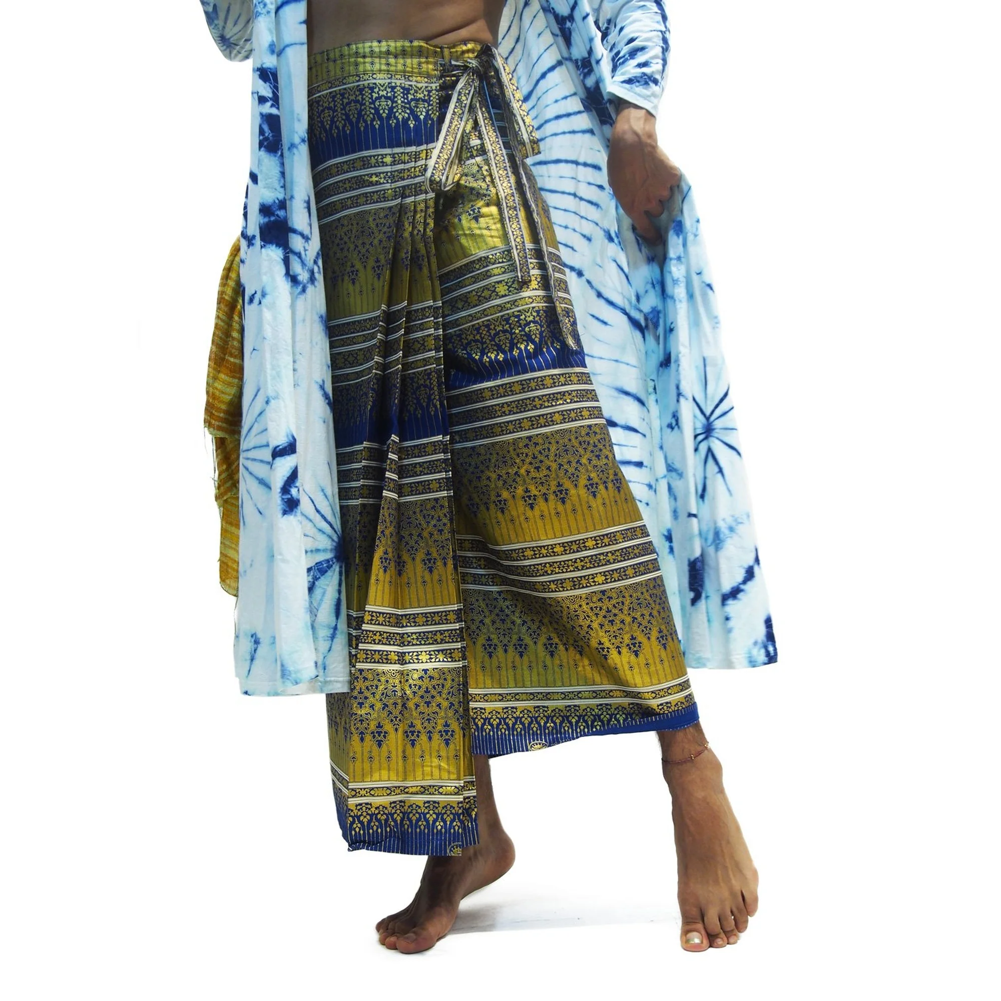 Tie Dye Kimono-Style Long Jacket Navy/White With Thai Printed Wrap Skirt Gold  7 EACH PIECE SOLD SEPARATELY - Image 4