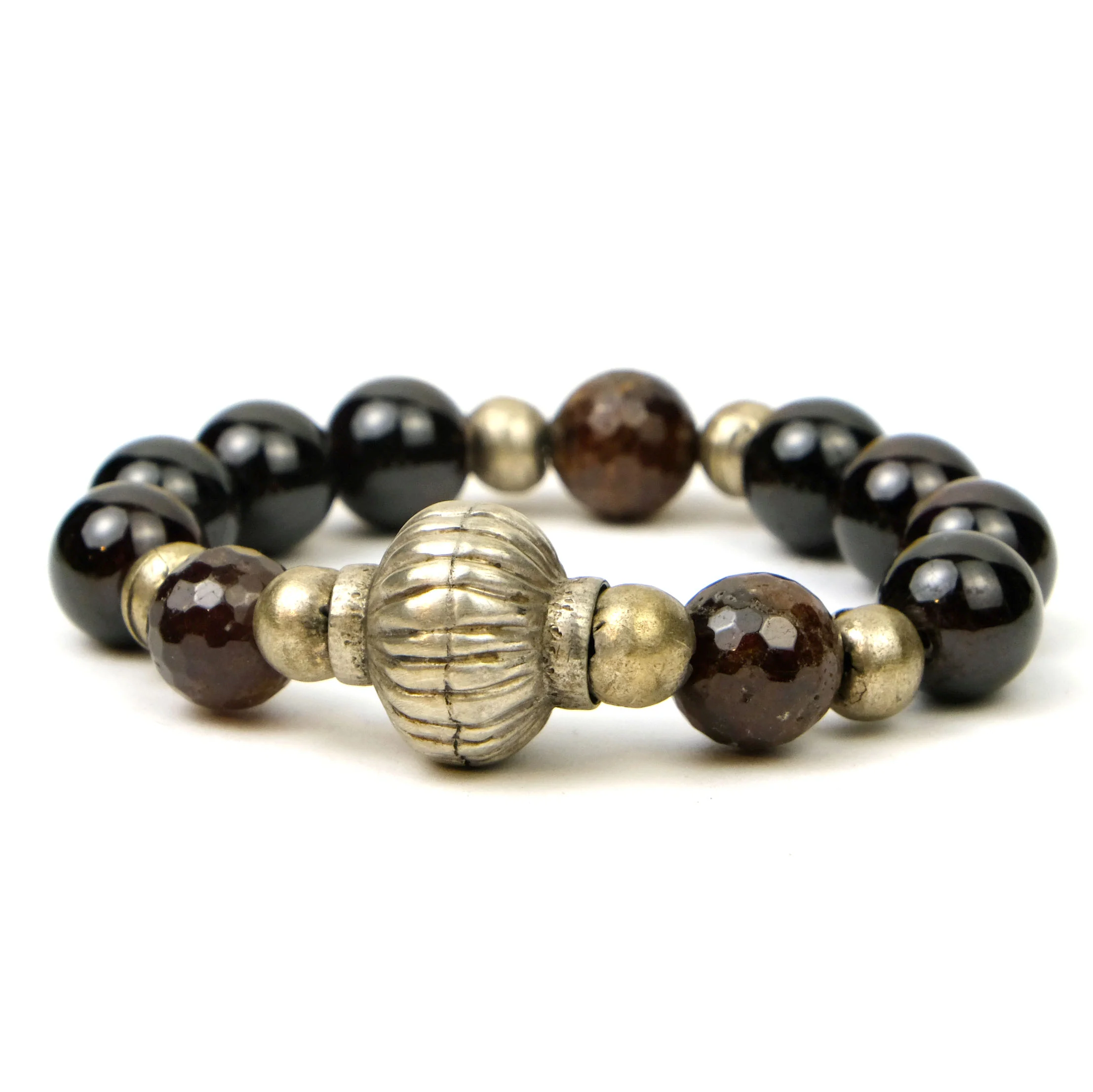 Garnet Stretch Bracelet with Coin Silver Accent Beads - Image 2